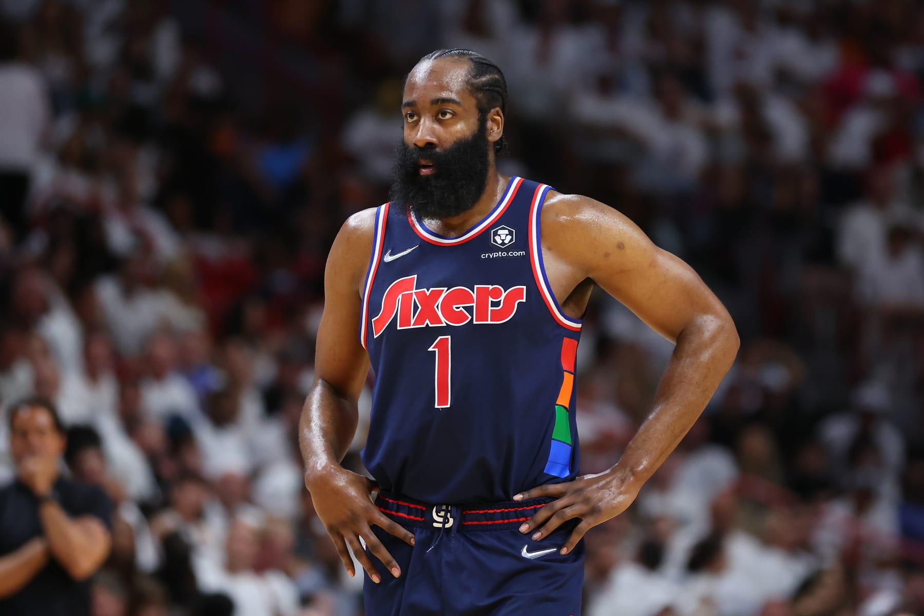 MIAMI, FLORIDA - MAY 10: James Harden #1 of the Philadelphia 76ers reacts against the Miami Heat during the first half in Game Five of the Eastern Conference Semifinals at FTX Arena on May 10, 2022 in Miami, Florida. NOTE TO USER: User expressly acknowledges and agrees that, by downloading and or using this photograph, User is consenting to the terms and conditions of the Getty Images License Agreement.  (Photo by Michael Reaves/Getty Images)