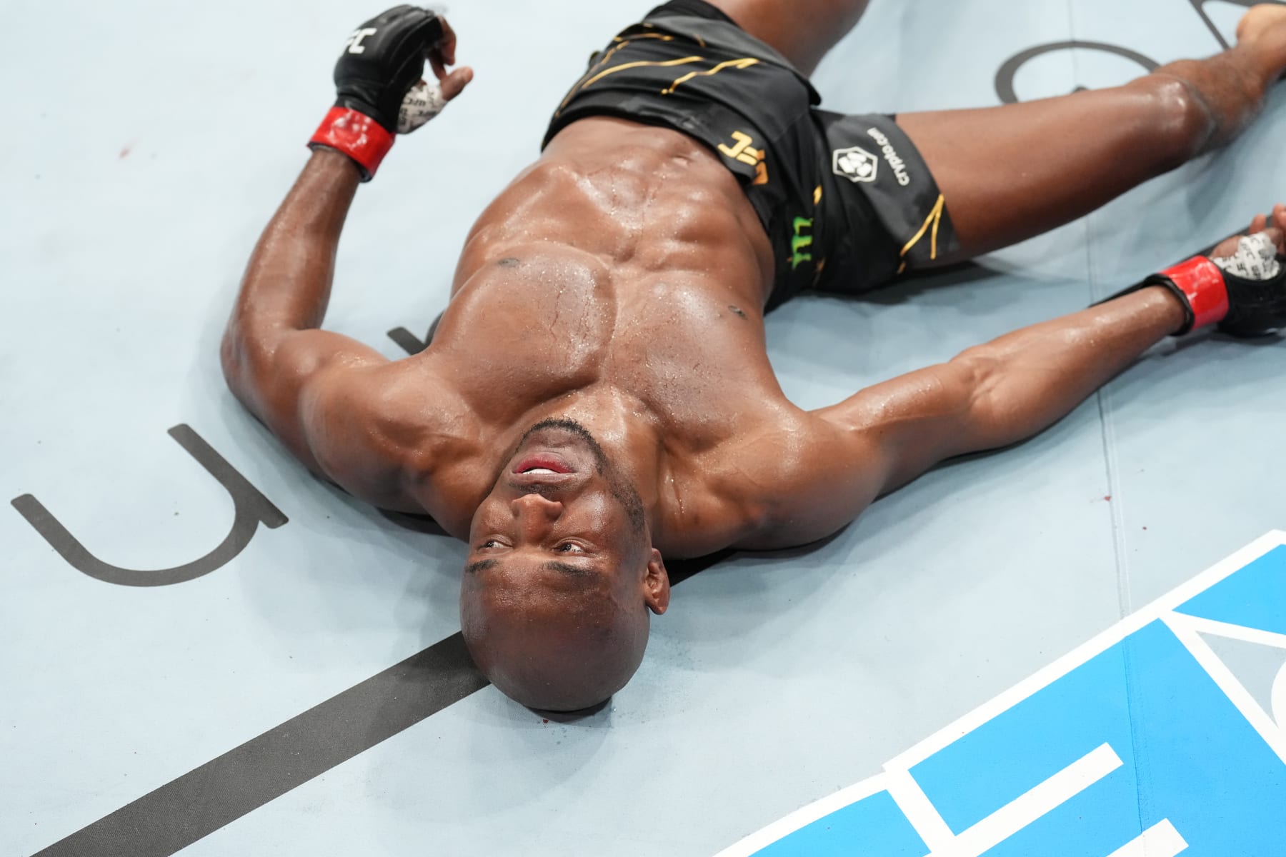 SALT LAKE CITY, UTAH - AUGUST 20: Kamaru Usman of Nigeria lies on the Octagon mat after being knocked out by Leon Edwards of Jamaica in the UFC welterweight championship fight during the UFC 278 event at Vivint Arena on August 20, 2022 in Salt Lake City, Utah. (Photo by Josh Hedges/Zuffa LLC)