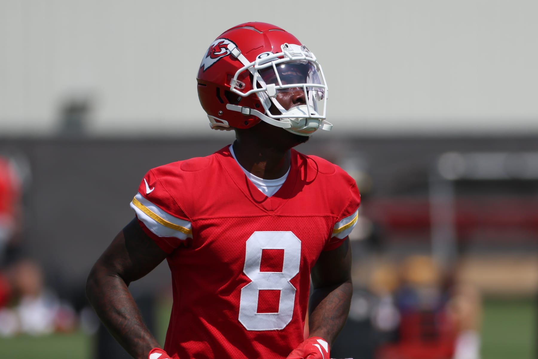 KANSAS CITY, MO - MAY 24: Kansas City Chiefs wide receiver Justyn Ross (8) during OTA's on May 24, 2023 at the Chief's Training Facility in Kansas City, MO. (Photo by Scott Winters/Icon Sportswire via Getty Images)