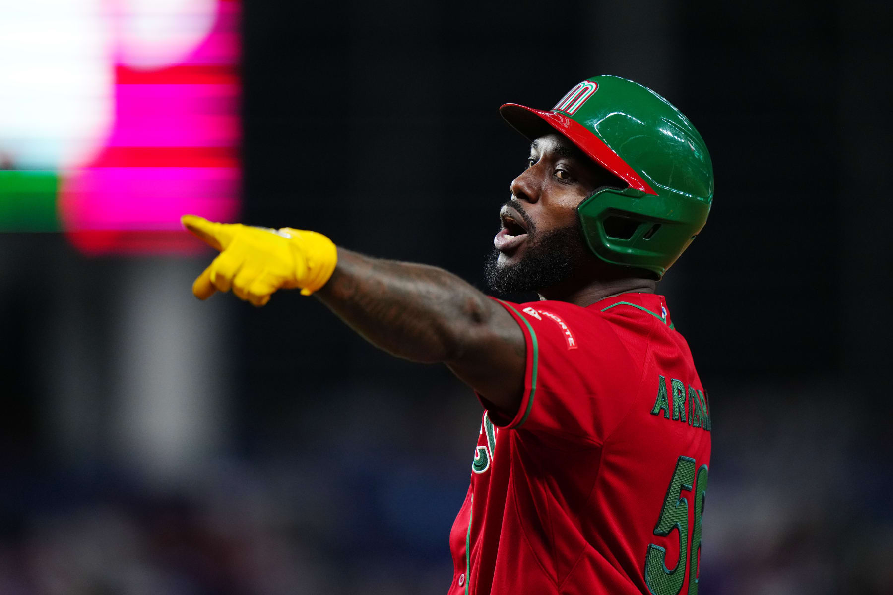 PHOENIX, AZ - MARCH 17:  Randy Arozarena #56 of Team Mexico reacts in the fifth inning during the 2023 World Baseball Classic Quarterfinal game between Team Puerto Rico and Team Mexico at loanDepot Park on Friday, March 17, 2023 in Miami, Florida. (Photo by Daniel Shirey/WBCI/MLB Photos via Getty Images)