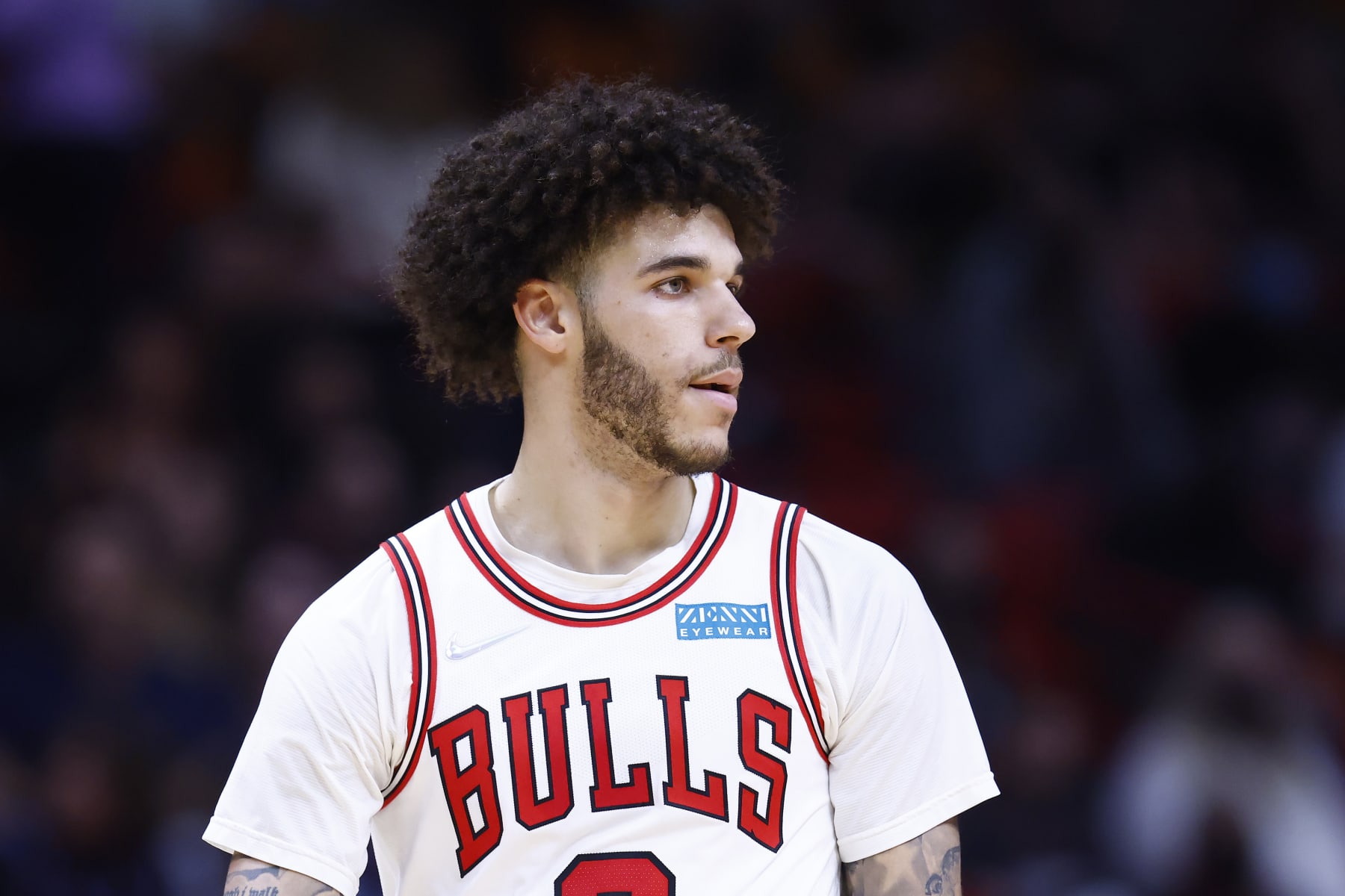 MIAMI, FLORIDA - DECEMBER 11: Lonzo Ball #2 of the Chicago Bulls looks on against the Miami Heat during the first half at FTX Arena on December 11, 2021 in Miami, Florida. NOTE TO USER: User expressly acknowledges and agrees that, by downloading and or using this photograph, User is consenting to the terms and conditions of the Getty Images License Agreement. (Photo by Michael Reaves/Getty Images)