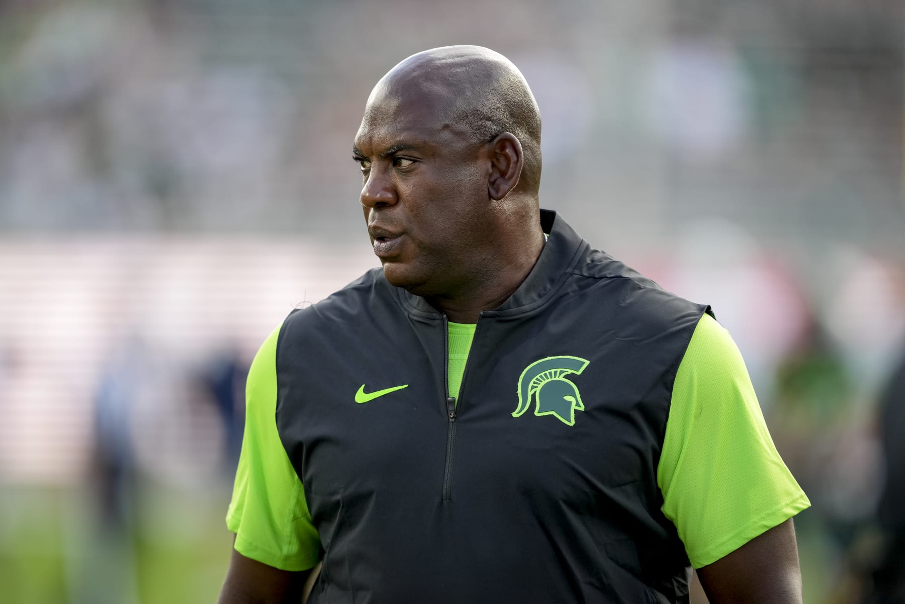 EAST LANSING, MICHIGAN - SEPTEMBER 10: Head coach Mel Tucker of the Michigan State Spartans looks on before the game against the Akron Zips at Spartan Stadium on September 10, 2022 in East Lansing, Michigan. (Photo by Nic Antaya/Getty Images)