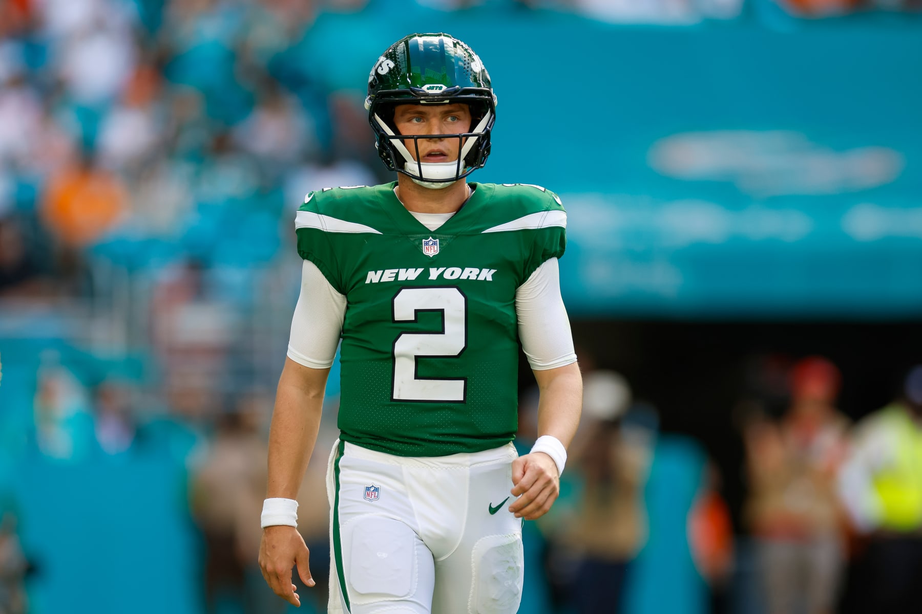MIAMI GARDENS, FLORIDA - DECEMBER 17: Zach Wilson #2 of the New York Jets reacts in the first half during a game against the Miami Dolphins at Hard Rock Stadium on December 17, 2023 in Miami Gardens, Florida. (Photo by Brandon Sloter/Image Of Sport/Getty Images)