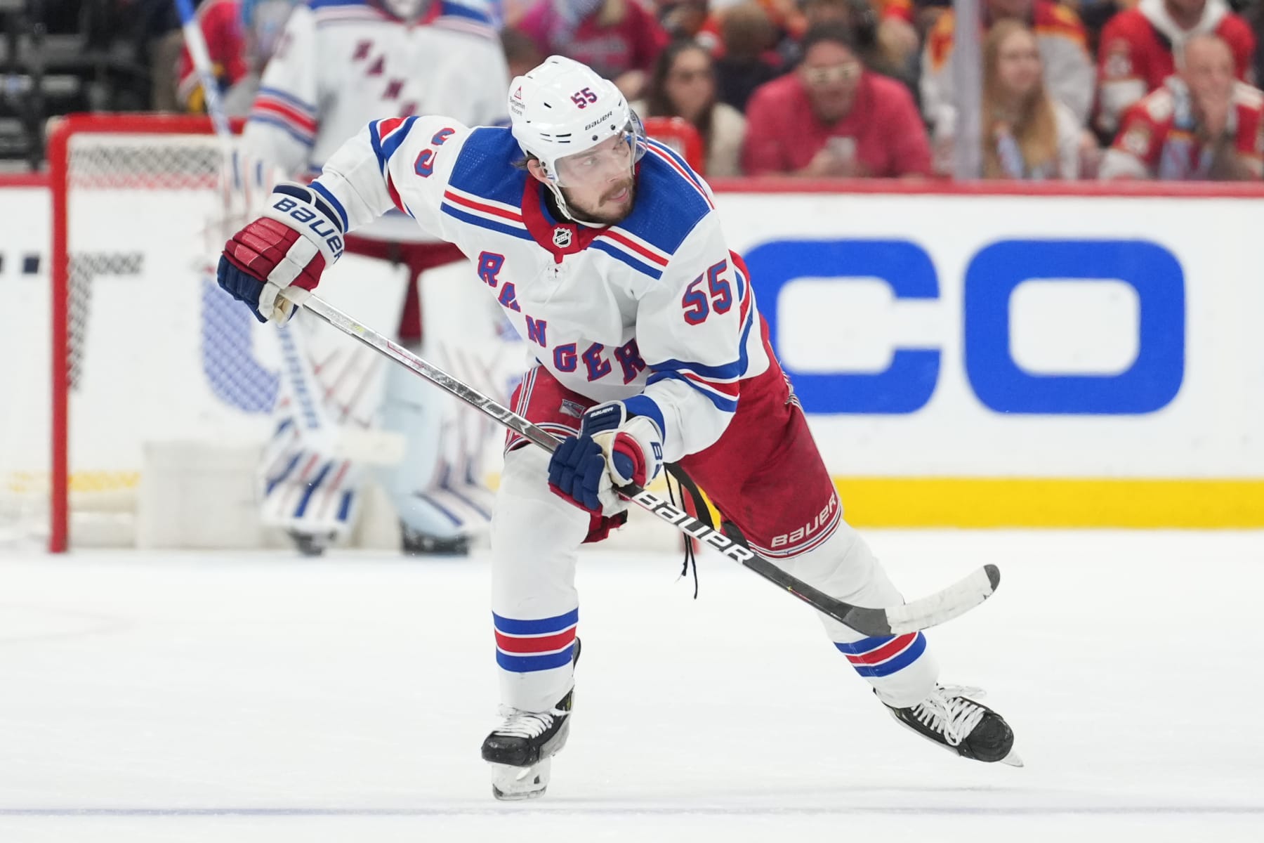 SUNRISE, FL - JUNE 01: New York Rangers defenseman Ryan Lindgren (55) races down ice in the third period during game six of the Eastern Conference Finals between the New York Ranges and the Florida Panthers on Saturday, June 1, 2024 at Amerant Bank Arena in Sunrise, Fla. (Photo by Peter Joneleit/Icon Sportswire via Getty Images)