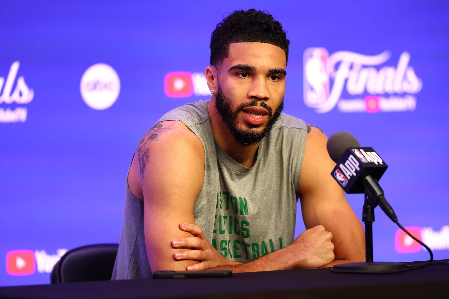 BOSTON, MASSACHUSETTS - JUNE 05: Jayson Tatum #0 of the Boston Celtics speaks to the media during the 2024 NBA Finals Media Day at TD Garden on June 05, 2024 in Boston, Massachusetts.  (Photo by Maddie Meyer/Getty Images)