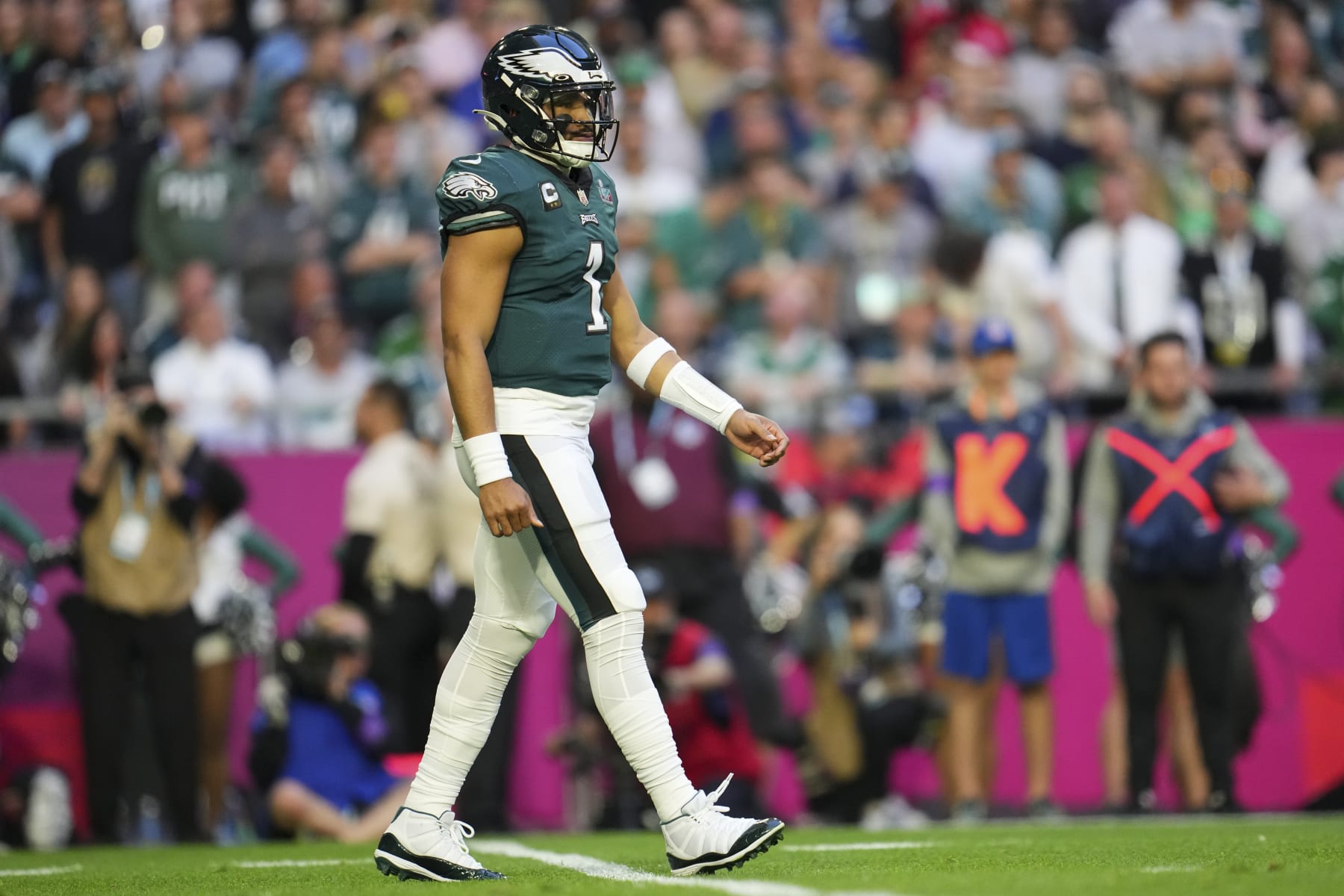 GLENDALE, AZ - FEBRUARY 12: Jalen Hurts #1 of the Philadelphia Eagles walks toward the line of scrimmage against the Kansas City Chiefs during the first quarter in Super Bowl LVII at State Farm Stadium on February 12, 2023 in Glendale, Arizona. (Photo by Cooper Neill/Getty Images)