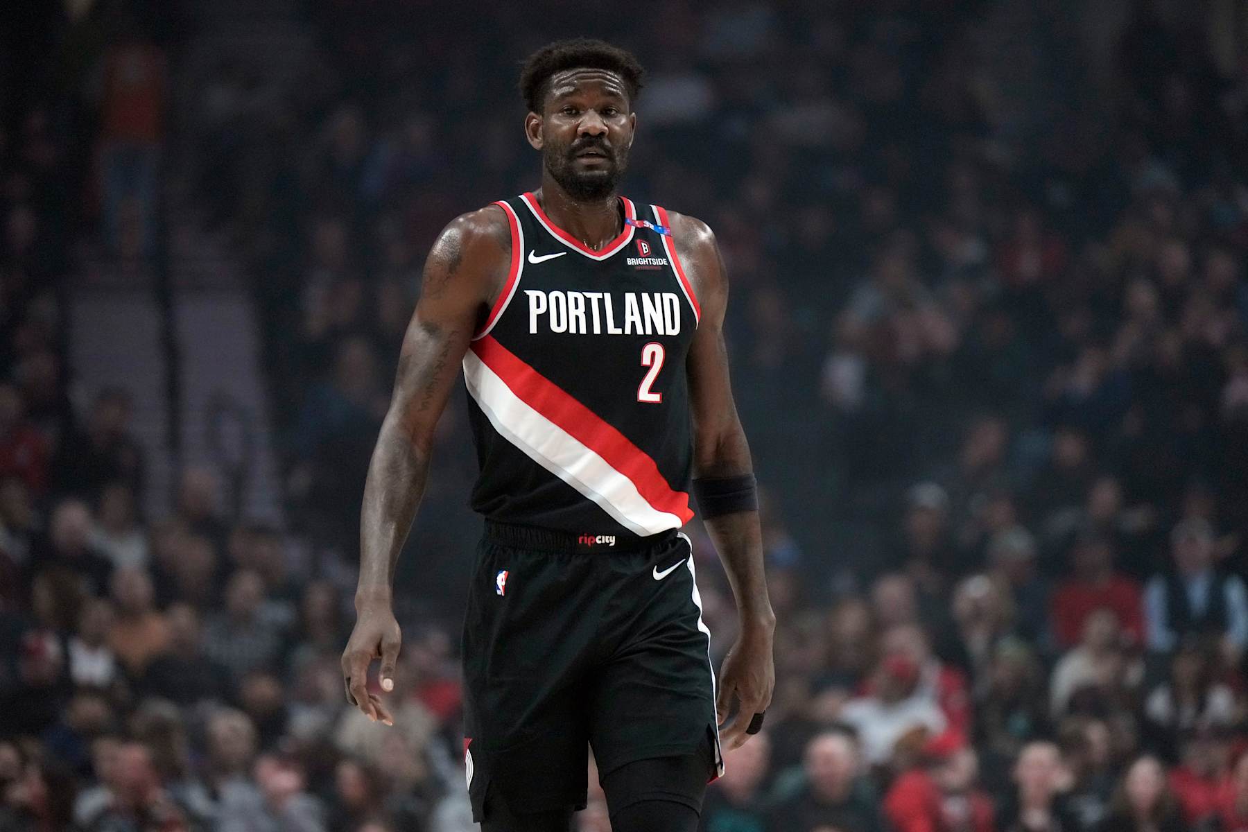 PORTLAND, OREGON - NOVEMBER 10: Deandre Ayton #2 of the Portland Trail Blazers looks on during the first half against the Memphis Grizzlies at Moda Center on November 10, 2024 in Portland, Oregon. NOTE TO USER: User expressly acknowledges and agrees that, by downloading and or using this photograph, User is consenting to the terms and conditions of the Getty Images License Agreement. (Photo by Soobum Im/Getty Images)