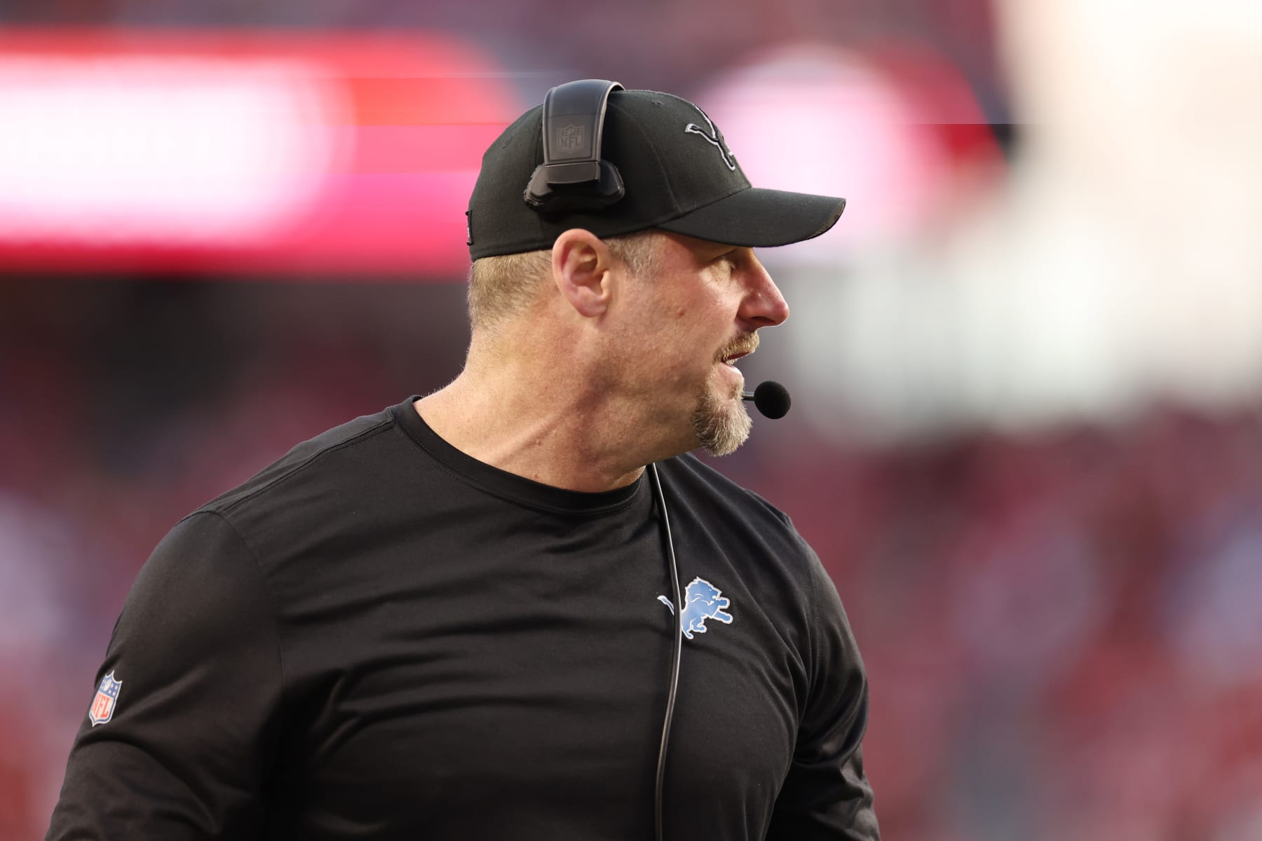 SANTA CLARA, CALIFORNIA - JANUARY 28: Head coach Dan Campbell of the Detroit Lions reacts during the second quarter against the San Francisco 49ers in the NFC Championship Game at Levi's Stadium on January 28, 2024 in Santa Clara, California. (Photo by Ezra Shaw/Getty Images)
