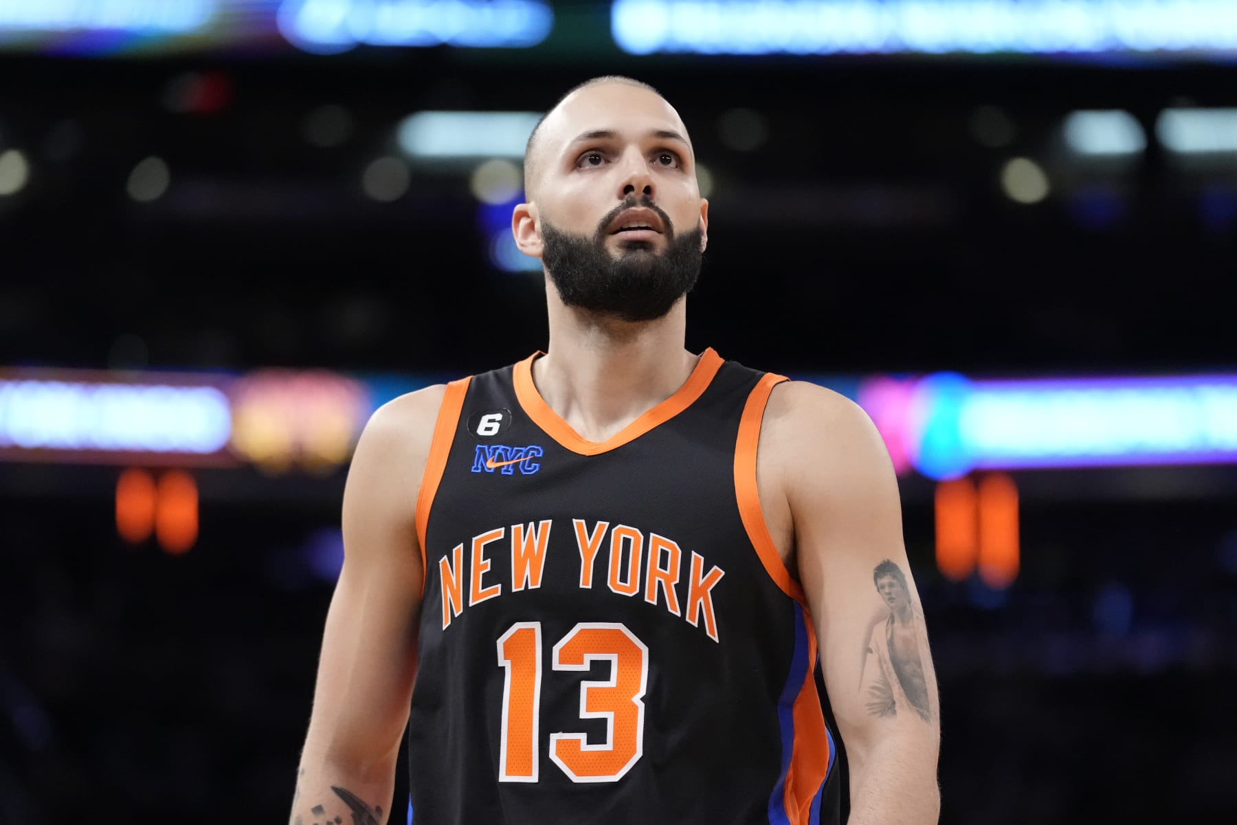 New York Knicks guard Evan Fournier (13) runs up the court during the second half of an NBA basketball game against the Philadelphia 76ers, Sunday, Feb. 5, 2023, in New York. (AP Photo/John Minchillo)