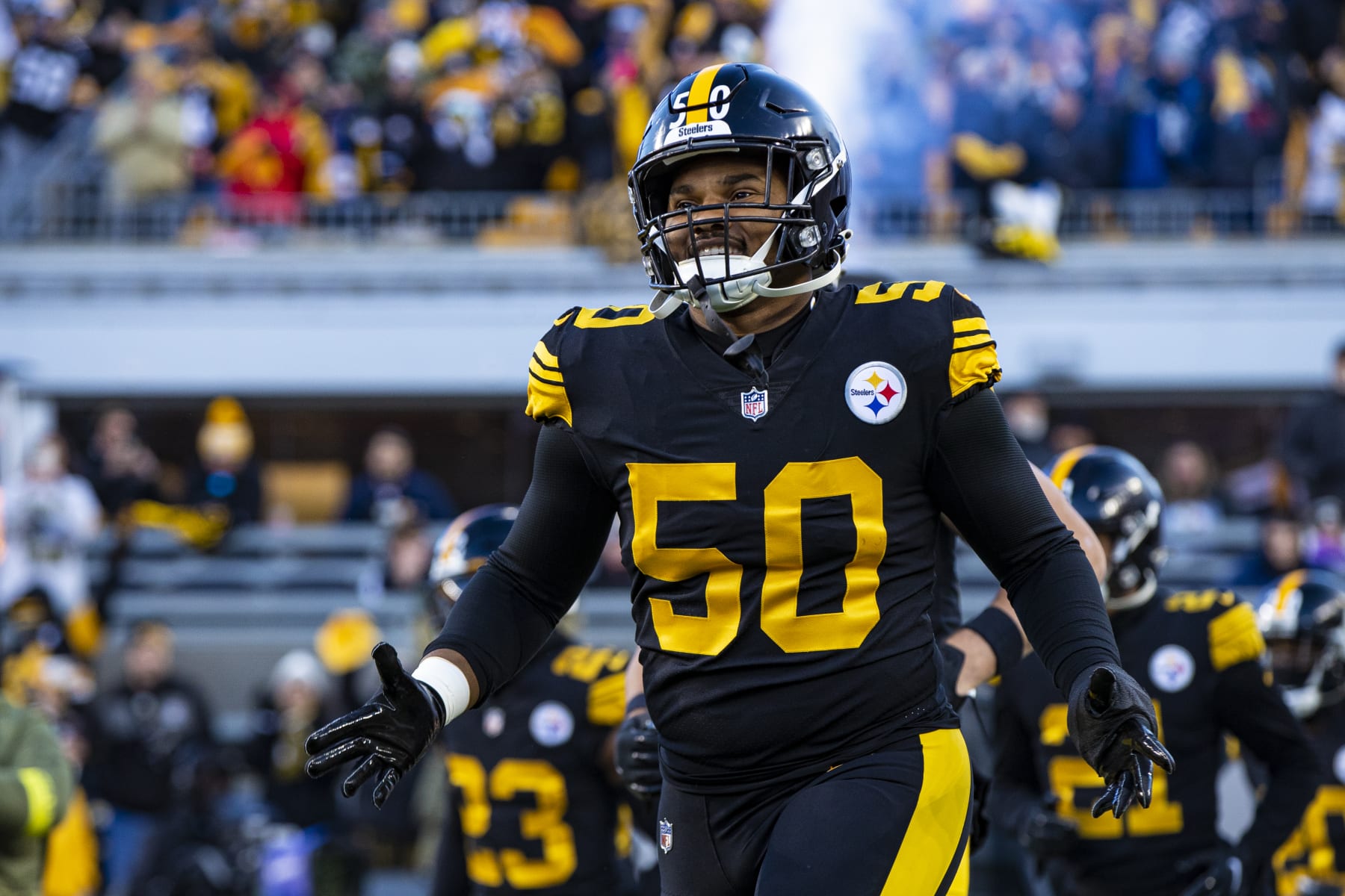 PITTSBURGH, PA - NOVEMBER 20: Pittsburgh Steelers linebacker Malik Reed (50) looks on during the national football league game between the Cincinnati Bengals and the Pittsburgh Steelers on November 20, 2022 at Acrisure Stadium in Pittsburgh, PA. (Photo by Mark Alberti/Icon Sportswire via Getty Images)