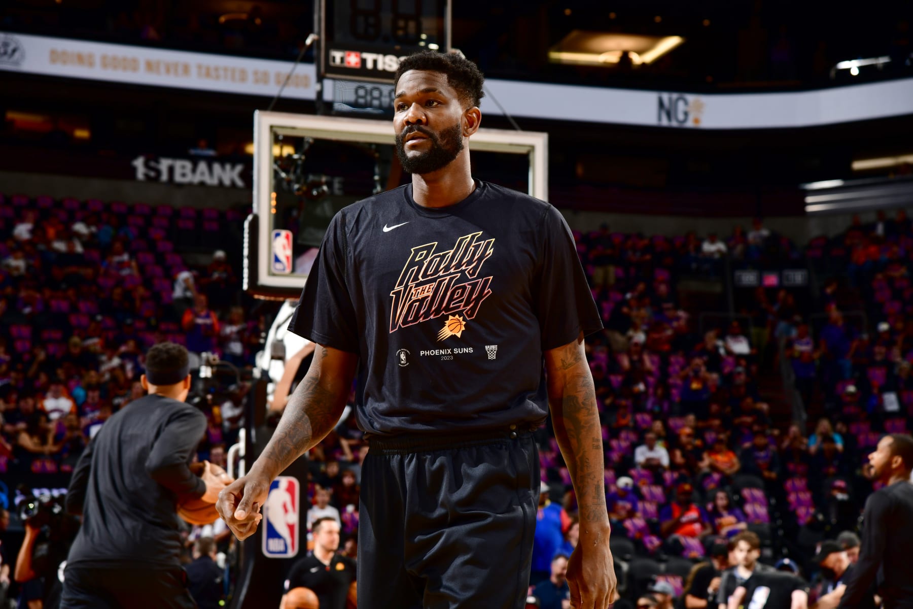 PHOENIX, AZ - APRIL 18: Deandre Ayton #22 of the Phoenix Suns looks on before the game against the LA Clippers during Round 1 Game 2 of the 2023 NBA Playoffs on April 18, 2023 at Footprint Center in Phoenix, Arizona. NOTE TO USER: User expressly acknowledges and agrees that, by downloading and or using this photograph, user is consenting to the terms and conditions of the Getty Images License Agreement. Mandatory Copyright Notice: Copyright 2023 NBAE (Photo by Barry Gossage/NBAE via Getty Images)
