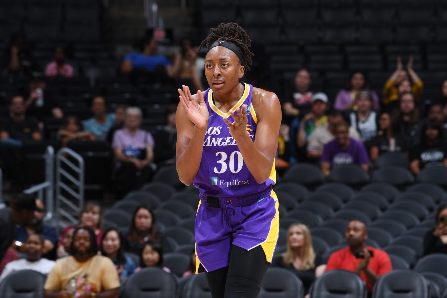 LOS ANGELES, CA - JUNE 25: Nneka Ogwumike #30 of the Los Angeles Sparks reacts during the game against the Dallas Wings on June 25, 2022 at California State University in Northridge, California. NOTE TO USER: User expressly acknowledges and agrees that, by downloading and/or using this Photograph, user is consenting to the terms and conditions of the Getty Images License Agreement. Mandatory Copyright Notice: Copyright 2023 NBAE (Photo by Juan Ocampo/NBAE via Getty Images)