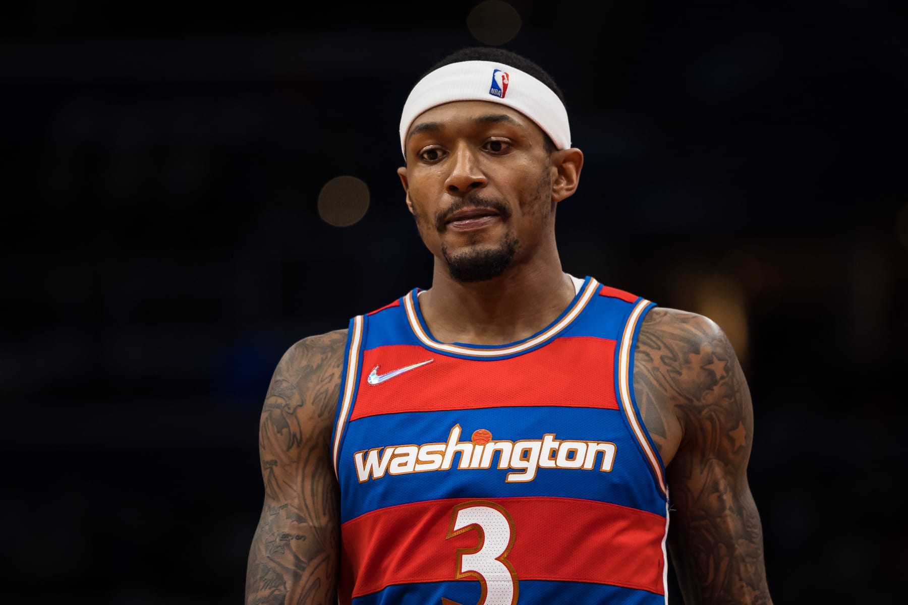 WASHINGTON, DC - JANUARY 23: Bradley Beal #3 of the Washington Wizards looks on against the Boston Celtics during the first half at Capital One Arena on January 23, 2022 in Washington, DC. NOTE TO USER: User expressly acknowledges and agrees that, by downloading and or using this photograph, User is consenting to the terms and conditions of the Getty Images License Agreement. (Photo by Scott Taetsch/Getty Images)