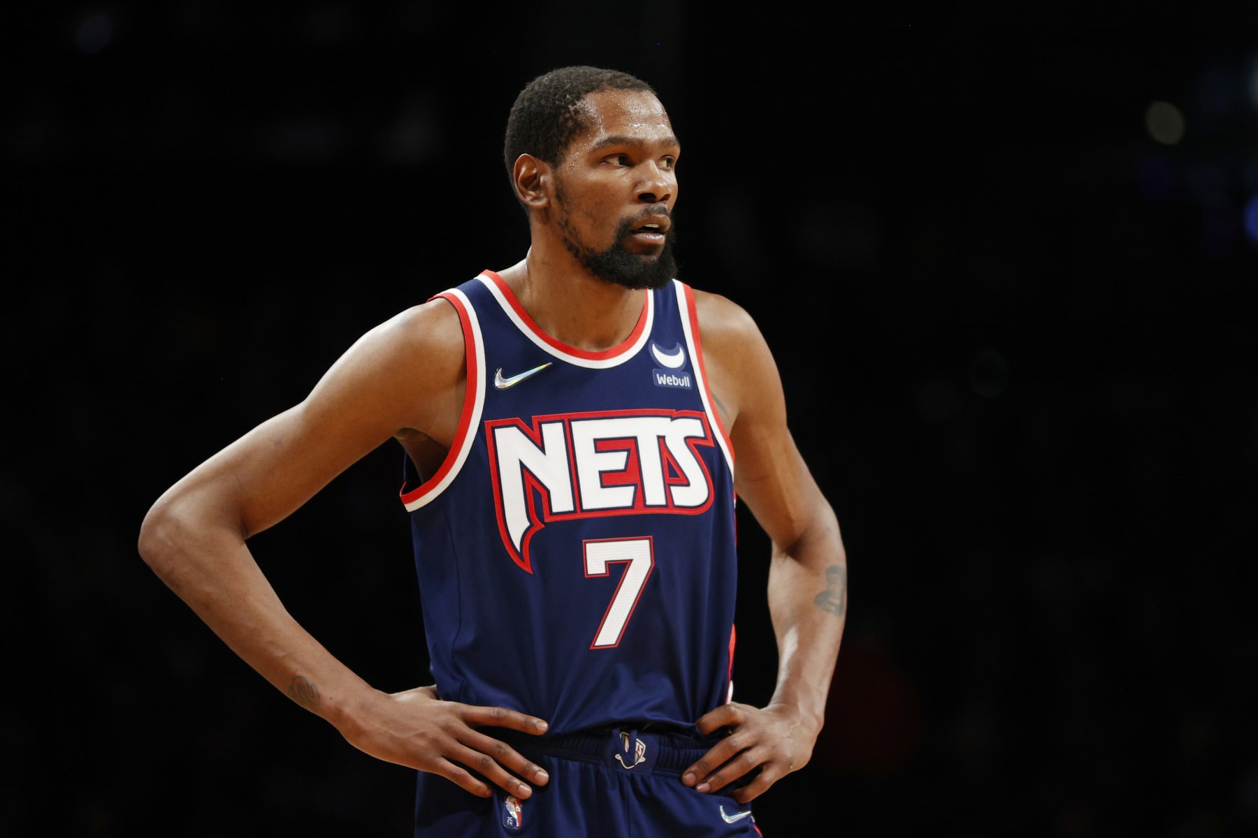 NEW YORK, NEW YORK - APRIL 05: Kevin Durant #7 of the Brooklyn Nets looks on during the second half against the Houston Rockets at Barclays Center on April 05, 2022 in the Brooklyn borough of New York City. The Nets won 118-105. NOTE TO USER: User expressly acknowledges and agrees that, by downloading and or using this photograph, User is consenting to the terms and conditions of the Getty Images License Agreement. (Photo by Sarah Stier/Getty Images)
