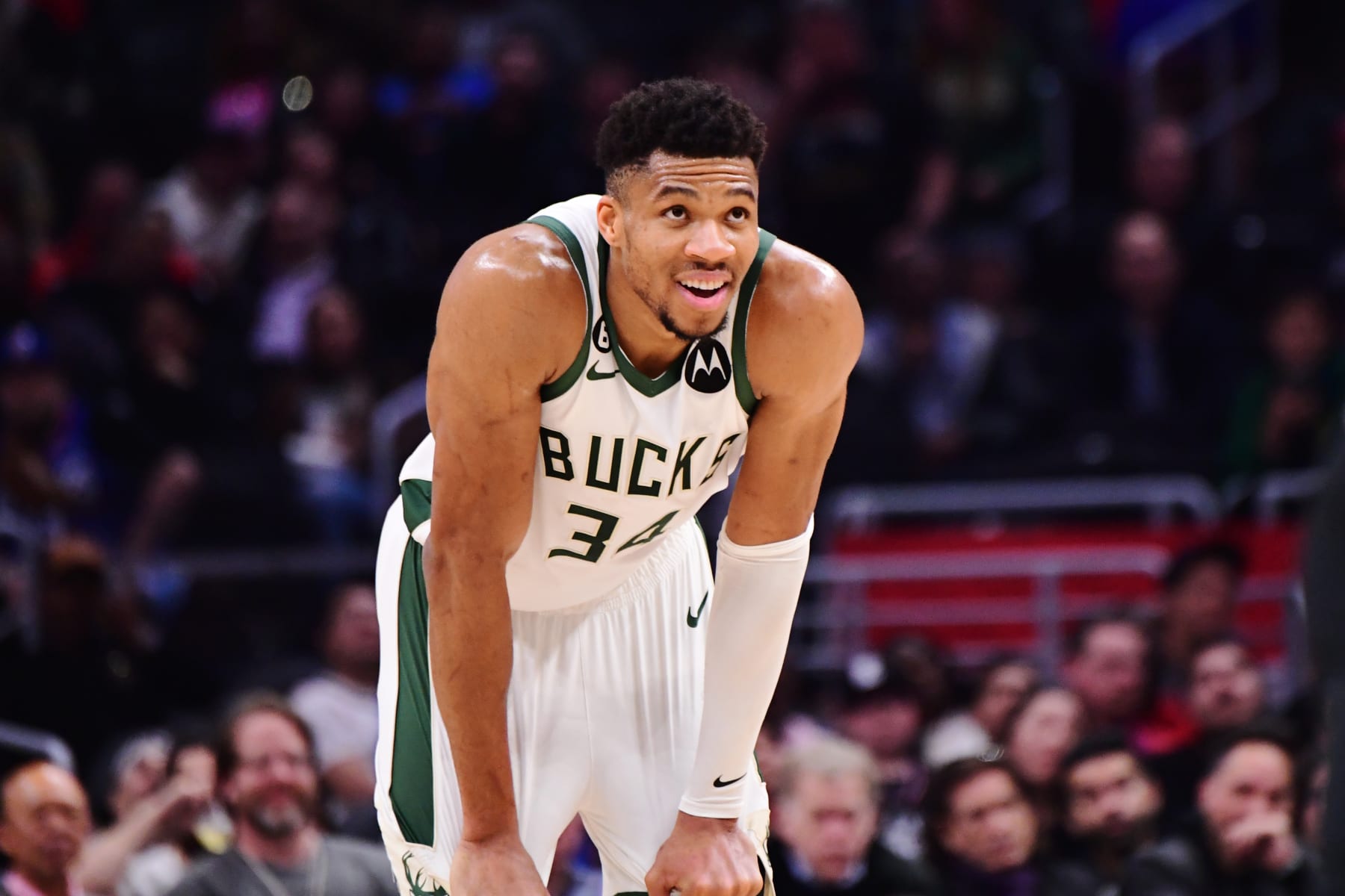 LOS ANGELES, CA - FEBRUARY 10: Giannis Antetokounmpo #34 of the Milwaukee Bucks looks on during the game against the LA Clippers on February 10, 2023 at Crypto.Com Arena in Los Angeles, California. NOTE TO USER: User expressly acknowledges and agrees that, by downloading and/or using this Photograph, user is consenting to the terms and conditions of the Getty Images License Agreement. Mandatory Copyright Notice: Copyright 2023 NBAE (Photo by Adam Pantozzi/NBAE via Getty Images)