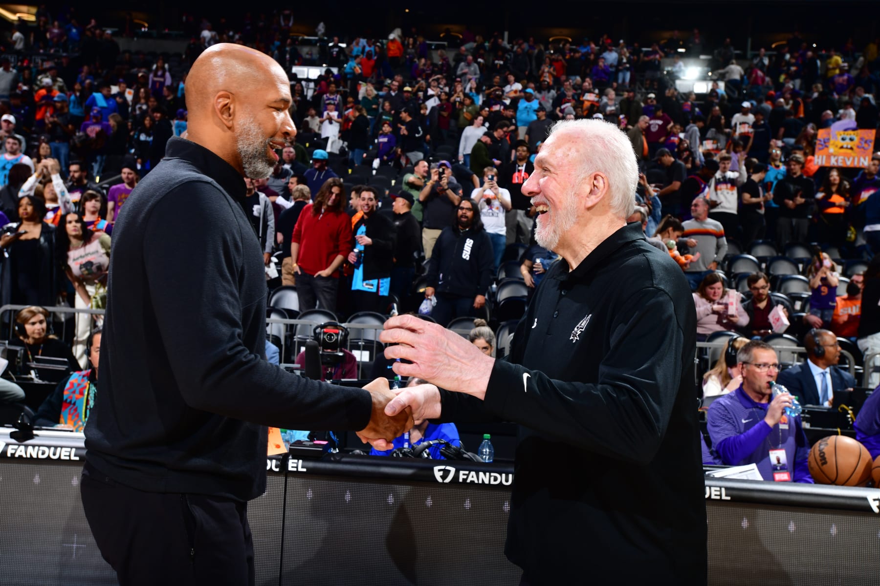 PHOENIX, AZ - APRIL 4: Head Coach Gregg Popovich of the San Antonio Spurs congratulates Head Coach Monty Williams of the Phoenix Suns after the game on April 4, 2023 at Footprint Center in Phoenix, Arizona. NOTE TO USER: User expressly acknowledges and agrees that, by downloading and or using this photograph, user is consenting to the terms and conditions of the Getty Images License Agreement. Mandatory Copyright Notice: Copyright 2023 NBAE (Photo by Barry Gossage/NBAE via Getty Images)