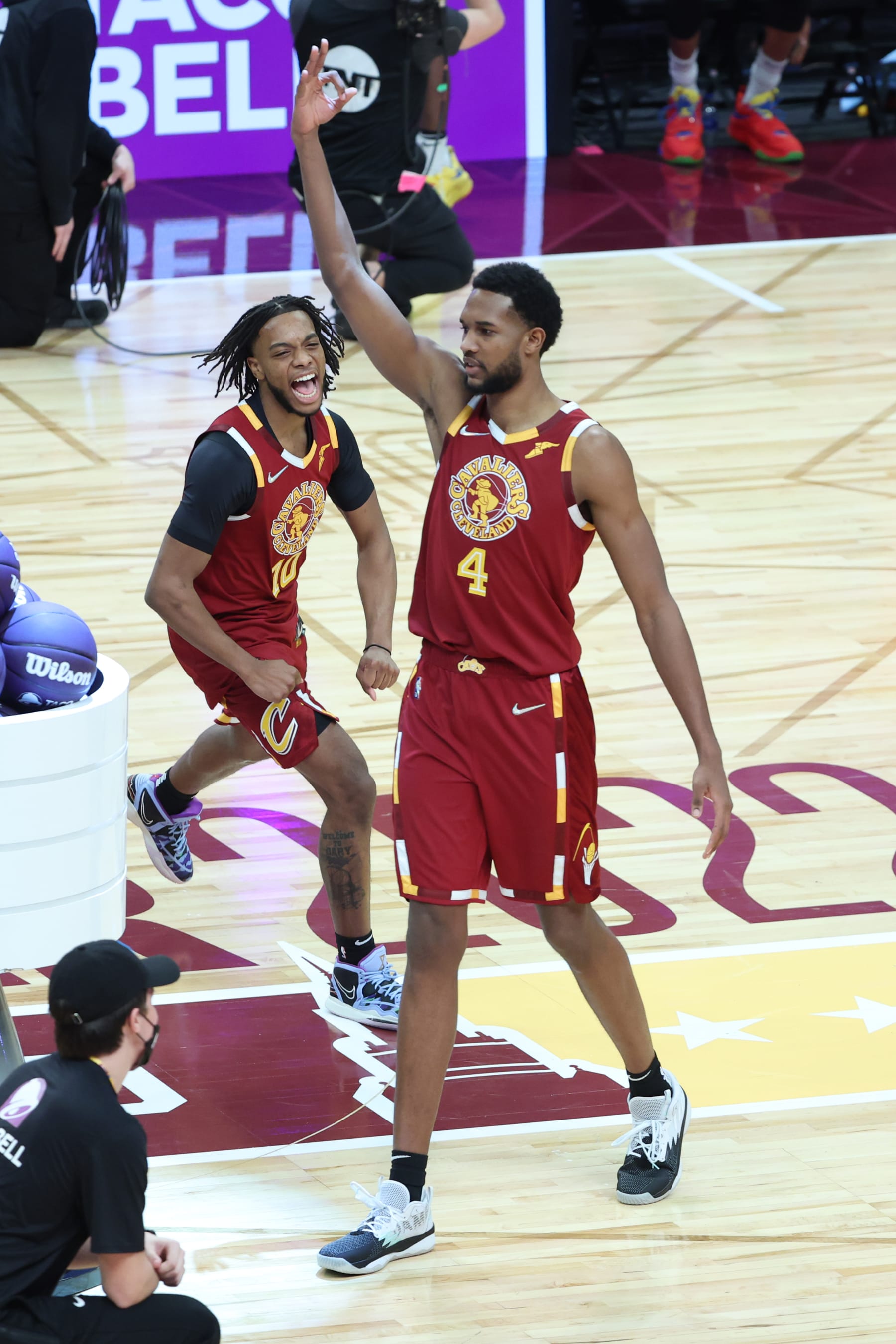 CLEVELAND, OH - FEBRUARY 19: Darius Garland #10 of the Cleveland Cavaliers and Evan Mobley #4 celebrate during the Taco Bell Skills Challenge as part of 2022 NBA All Star Weekend on February 19, 2022 at Rocket Mortgage FieldHouse in Cleveland, Ohio. NOTE TO USER: User expressly acknowledges and agrees that, by downloading and/or using this Photograph, user is consenting to the terms and conditions of the Getty Images License Agreement. Mandatory Copyright Notice: Copyright 2022 NBAE (Photo by Jeff Haynes/NBAE via Getty Images)