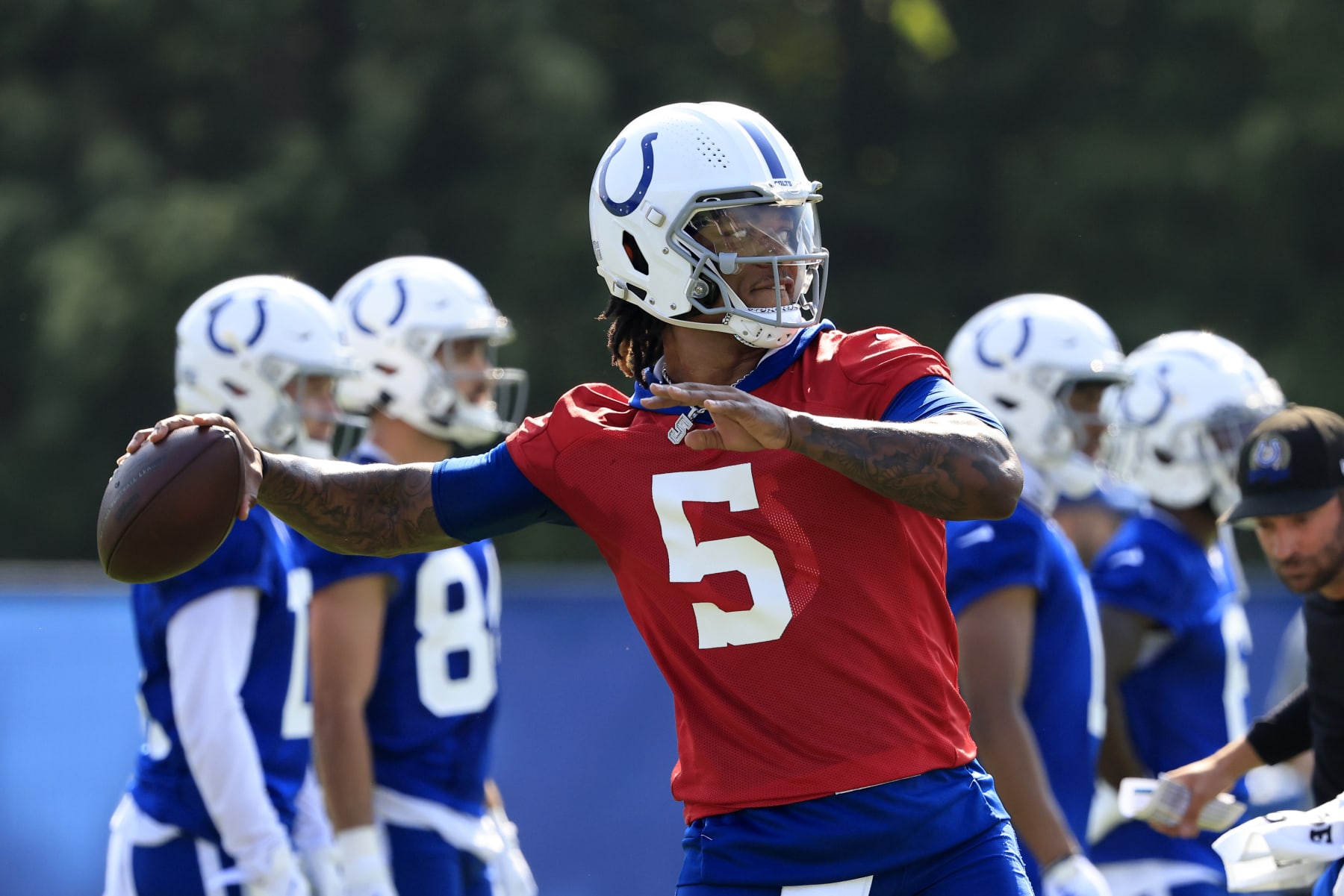 WESTFIELD, INDIANA - JULY 26: Anthony Richardson #5 of the Indianapolis Colts throws the ball on the first day of the Indianapolis Colts Training Camp at Grand Park Sports Campus on July 26, 2023 in Westfield, Indiana. (Photo by Justin Casterline/Getty Images)