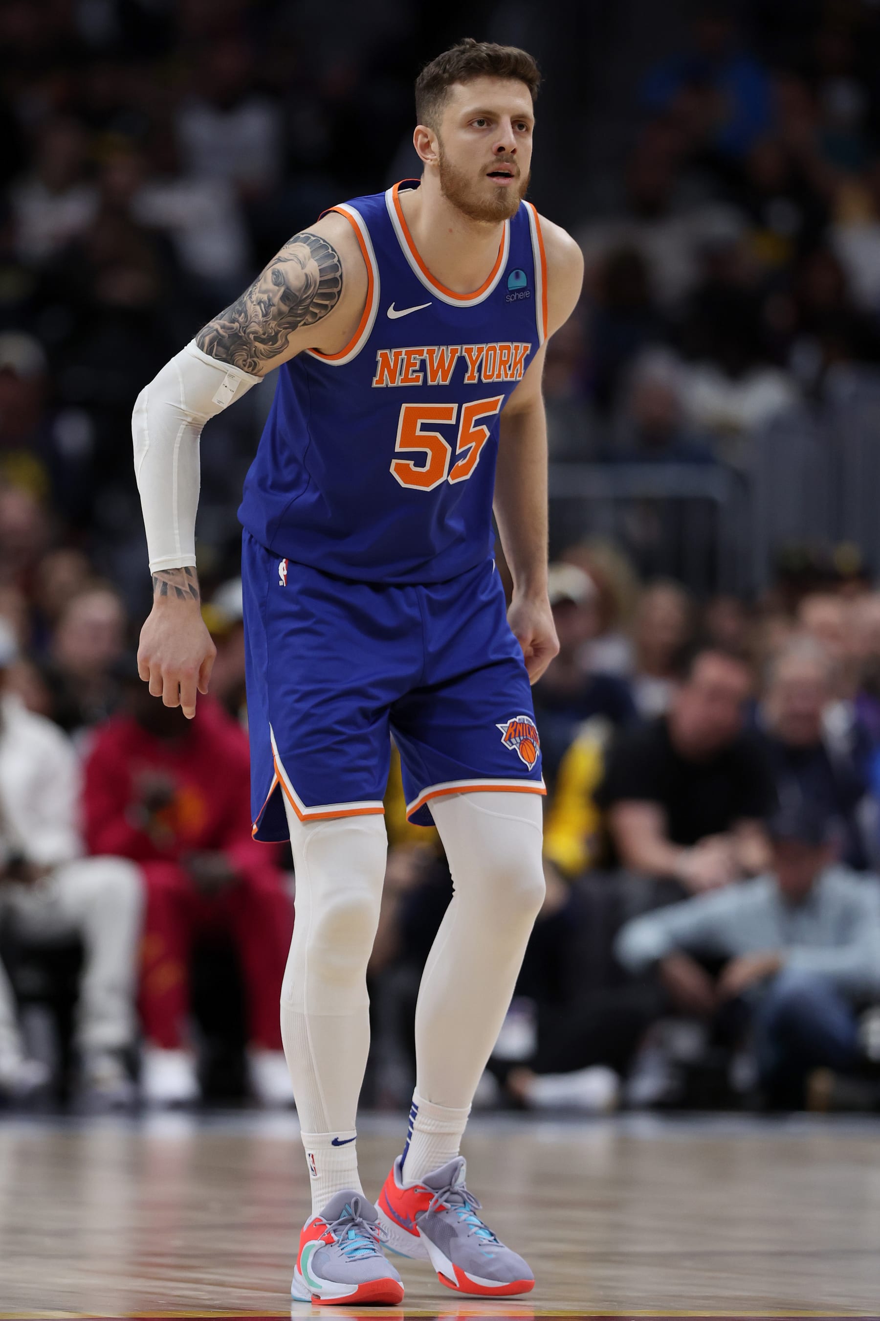 DENVER, COLORADO - MARCH 21: Isaiah Hartenstein #55 of the New York Knicks plays the Denver Nuggets during the first quarter at Ball Arena on March 21, 2024 in Denver, Colorado. NOTE TO USER: User expressly acknowledges and agrees that, by downloading and or using this photograph, User is consenting to the terms and conditions of the Getty Images License Agreement.  (Photo by Matthew Stockman/Getty Images)