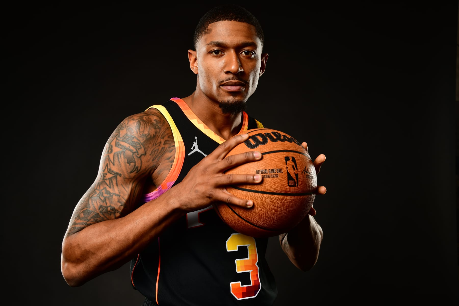 PHOENIX, AZ - JUNE 29:  Bradley Beal #3 of the Phoenix Suns poses for a portrait on June 29, 2023 at the Footprint Center in Phoenix, Arizona. NOTE TO USER: User expressly acknowledges and agrees that, by downloading and or using this Photograph, user is consenting to the terms and conditions of the Getty Images License Agreement. Mandatory Copyright Notice: Copyright 2023 NBAE (Photo by Barry Gossage / NBAE via Getty Images)