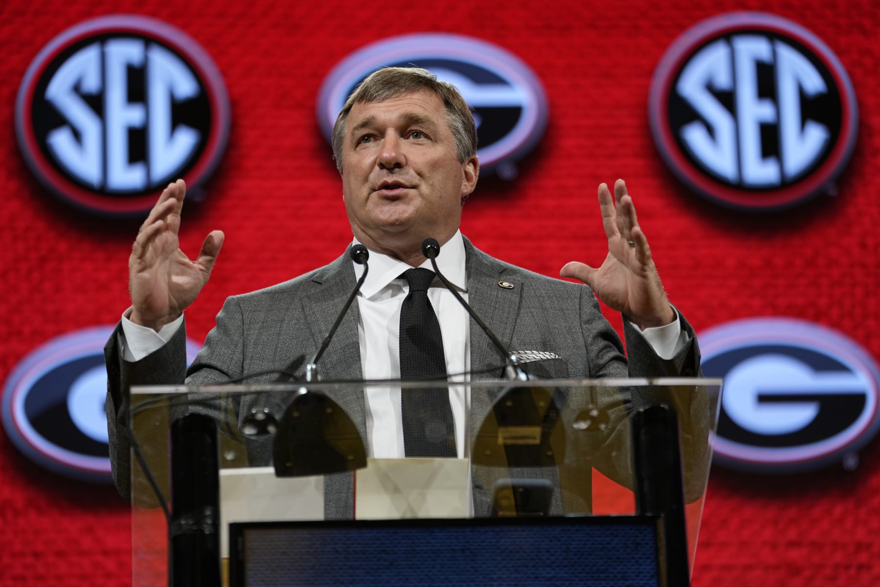 FILE - Georgia head coach Kirby Smart speaks during NCAA college football Southeastern Conference Media Days, Tuesday, July 18, 2023, in Nashville, Tenn. Georgia opens their season at home against Tennessee-Martin on Sept. 2. (AP Photo/George Walker IV, File)