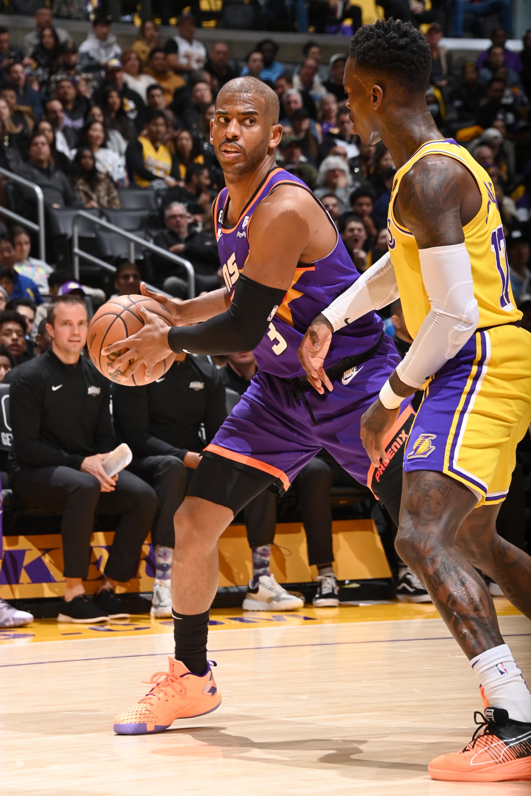 LOS ANGELES, CA - MARCH 22: Chris Paul #3 of the Phoenix Suns handles the ball during the game against the Los Angeles Lakers on March 22, 2023 at Crypto.Com Arena in Los Angeles, California. NOTE TO USER: User expressly acknowledges and agrees that, by downloading and/or using this Photograph, user is consenting to the terms and conditions of the Getty Images License Agreement. Mandatory Copyright Notice: Copyright 2023 NBAE (Photo by Andrew D. Bernstein/NBAE via Getty Images)
