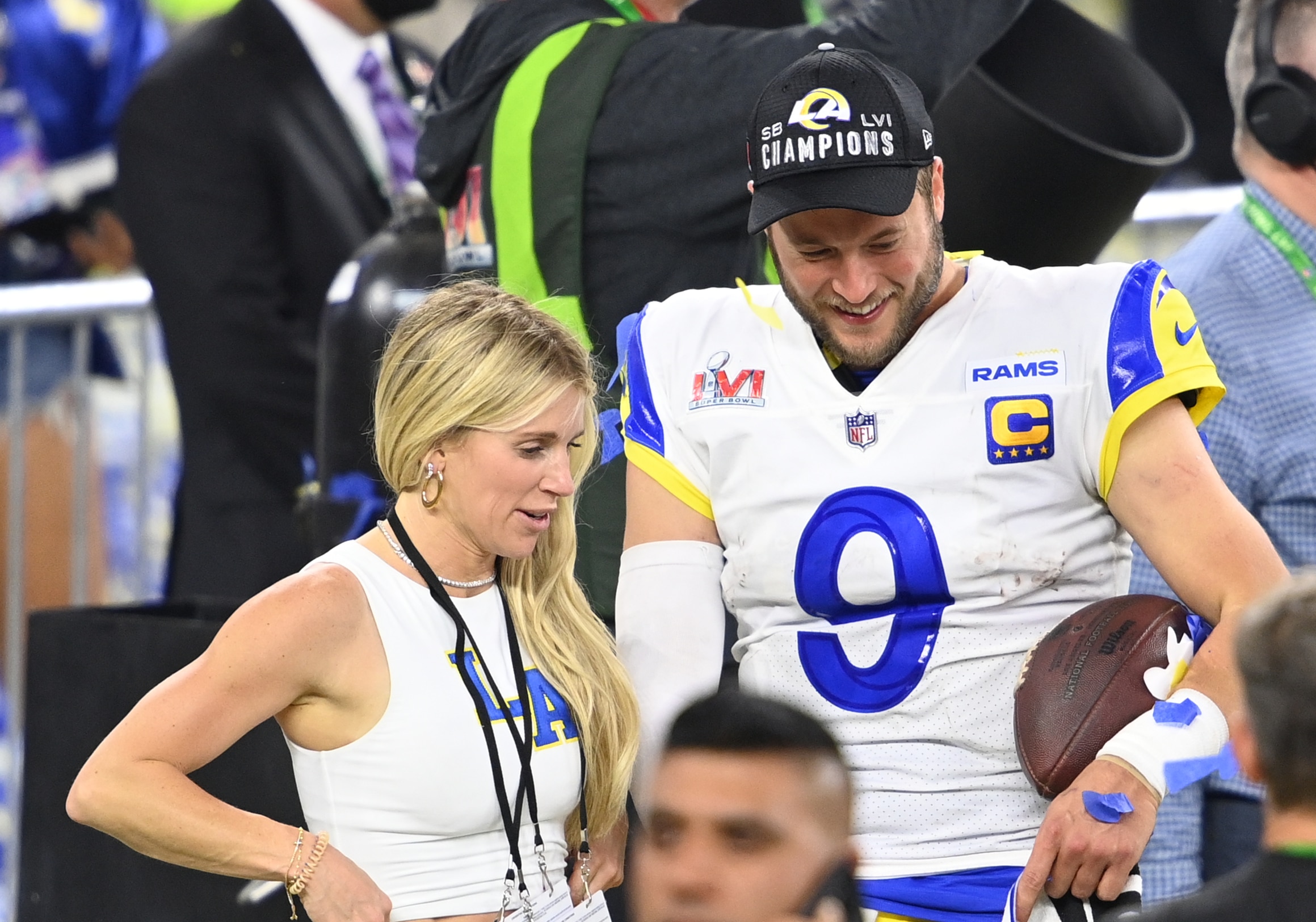 INGLEWOOD, CA - FEBRUARY 13: Los Angeles Rams Quarterback Matthew Stafford (9) celebrates with his wife Kelly Hall  after the Los Angeles Rams defeated the Cincinnati Bengals 23-20 in Super Bowl LVI on February 13, 2022, at SoFi Stadium in Inglewood, CA. (Photo by Brian Rothmuller/Icon Sportswire via Getty Images)