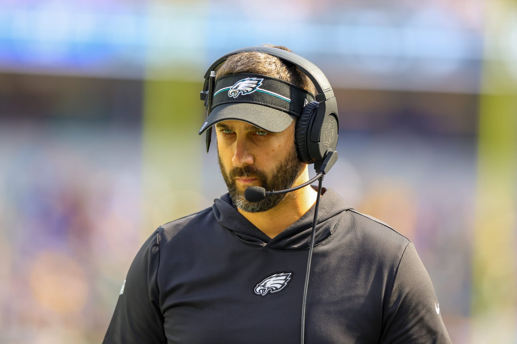 INGLEWOOD, CA - OCTOBER 08: Philadelphia Eagles Head Coach Nick Sirianni walks down the sidelines during the NFL game between the Philadelphia Eagles and the Los Angeles Rams on October 08, 2023, at SoFi Stadium in Inglewood, CA.(Photo by Jordon Kelly/Icon Sportswire via Getty Images)
