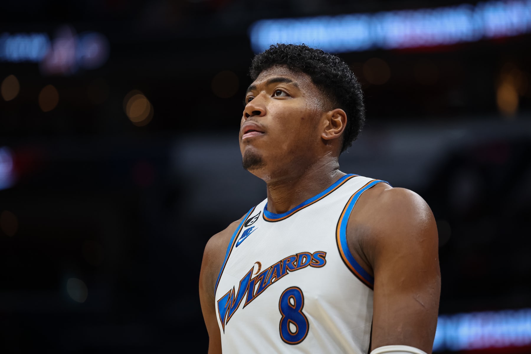 WASHINGTON, DC - NOVEMBER 18: Rui Hachimura #8 of the Washington Wizards looks on against the Miami Heat during the first half at Capital One Arena on November 18, 2022 in Washington, DC. NOTE TO USER: User expressly acknowledges and agrees that, by downloading and or using this photograph, User is consenting to the terms and conditions of the Getty Images License Agreement. (Photo by Scott Taetsch/Getty Images)
