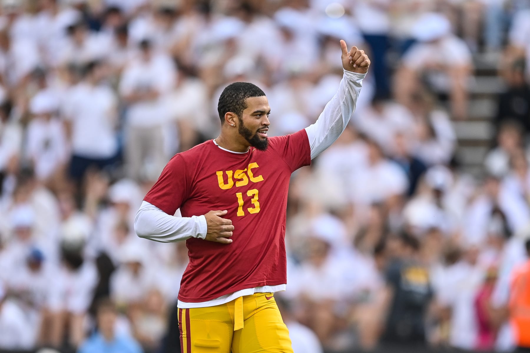 BOULDER, CO - SEPTEMBER 30: Caleb Williams #13 of the USC Trojans warms up before a game against the Colorado Buffaloes at Folsom Field on September 30, 2023 in Boulder, Colorado. (Photo by Dustin Bradford/Getty Images)