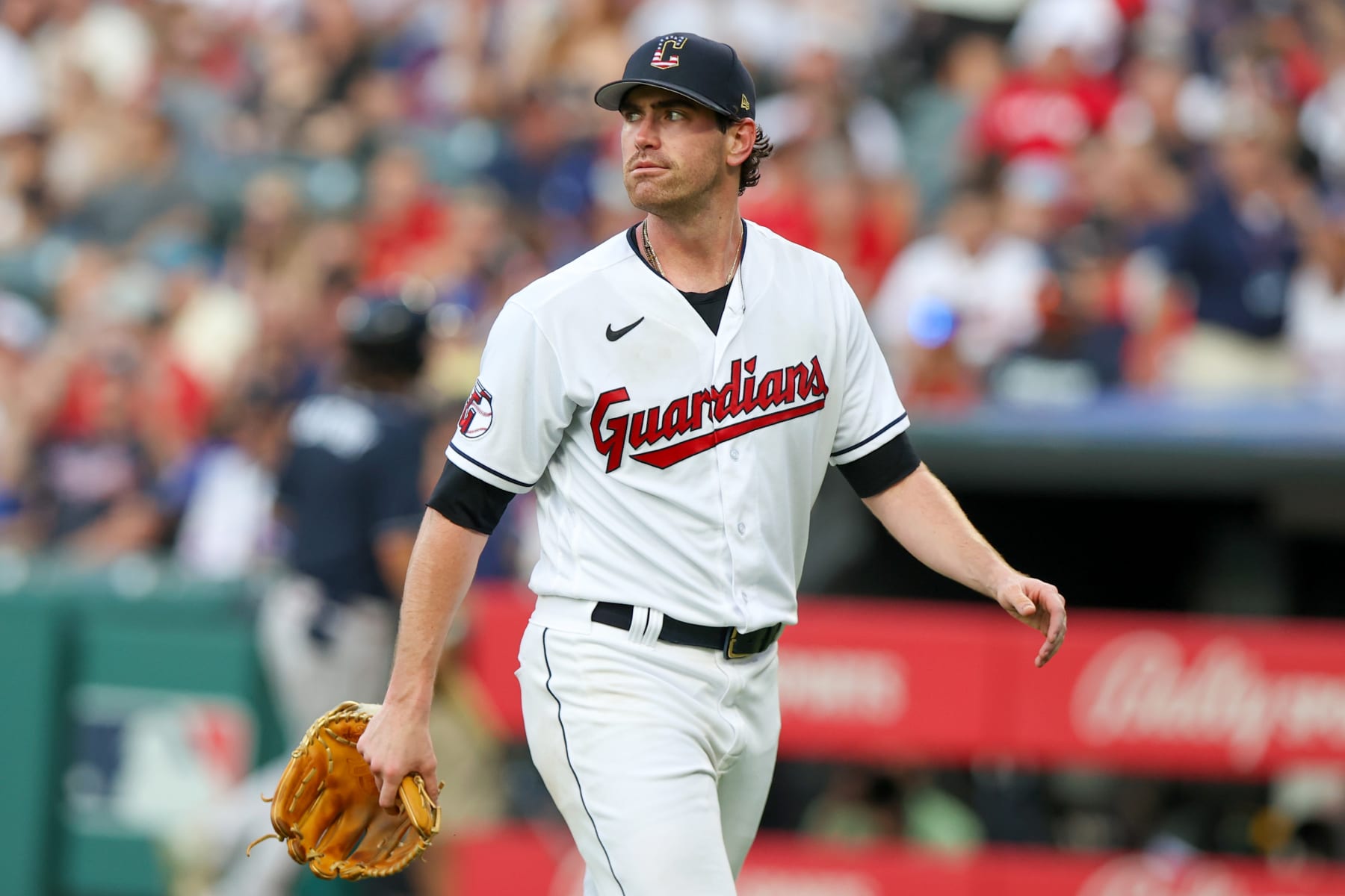 CLEVELAND, OH - JULY 04: Cleveland Guardians starting pitcher Shane Bieber (57) leaves the game during the fifth inning of the Major League Baseball Interleague game between the Atlanta Braves and Cleveland Guardians on July 4, 2023, at Progressive Field in Cleveland, OH. (Photo by Frank Jansky/Icon Sportswire via Getty Images)