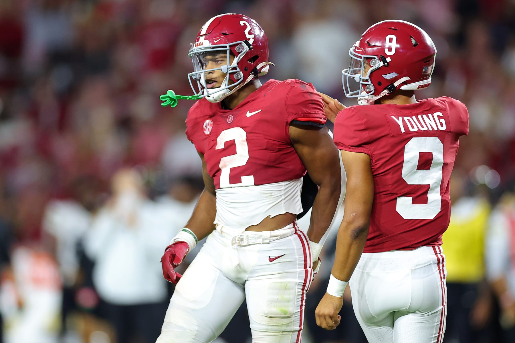 TUSCALOOSA, ALABAMA - SEPTEMBER 24: Bryce Young #9 and Jase McClellan #2 of the Alabama Crimson Tide celebrate a touchdown against the Vanderbilt Commodores during the second half of the game at Bryant-Denny Stadium on September 24, 2022 in Tuscaloosa, Alabama. (Photo by Kevin C. Cox/Getty Images)