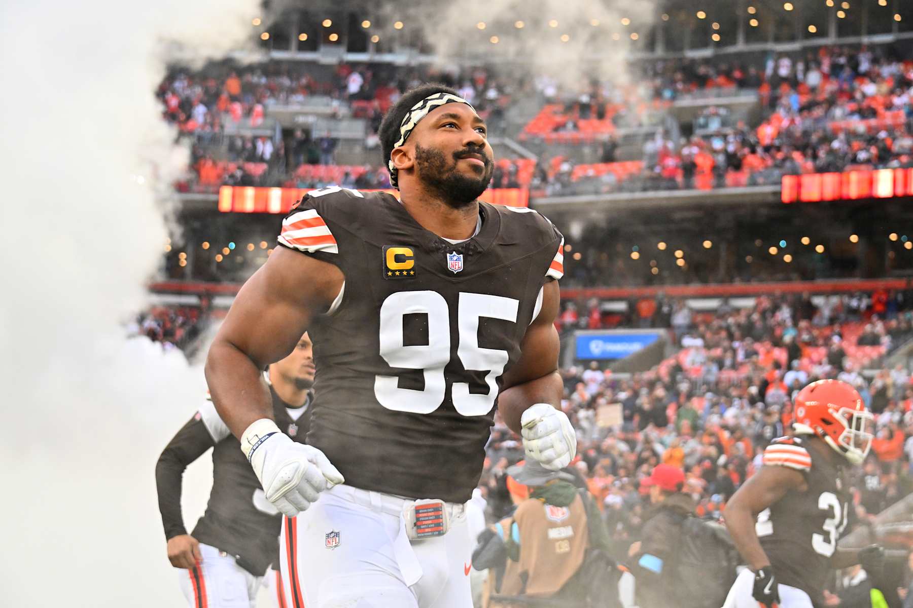 CLEVELAND, OHIO - DECEMBER 29: Myles Garrett #95 of the Cleveland Browns takes the field before playing the game against the Miami Dolphins at Huntington Bank Field on December 29, 2024 in Cleveland, Ohio. (Photo by Jason Miller/Getty Images)