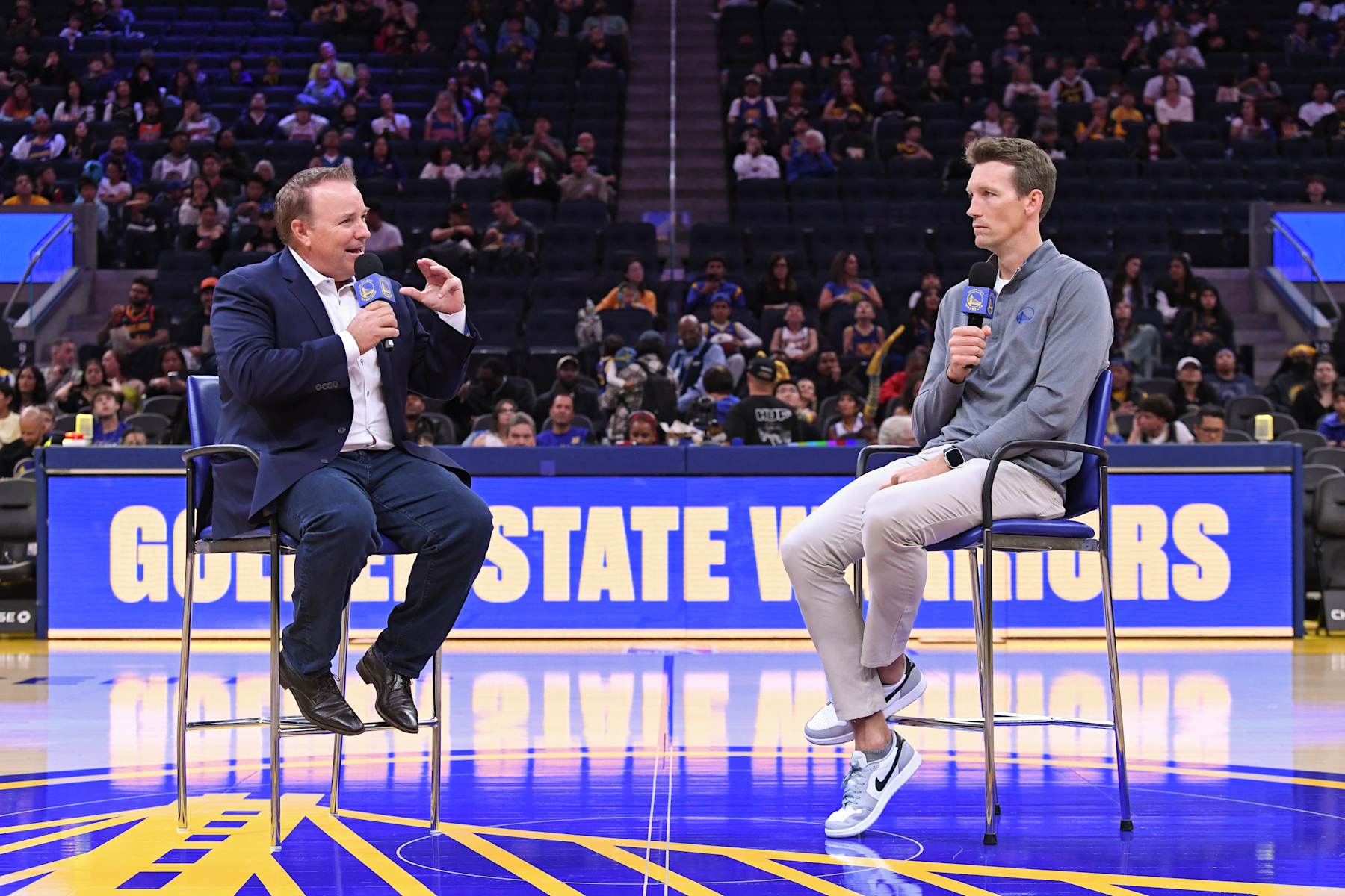 SAN FRANCISCO, CA - OCTOBER 16: Golden State Warriors Owner Joe Lacob and Golden State Warriors General Manager Mike Dunleavy Jr. speak during the Golden State Warriors Open Practice on October 16, 2024 at Chase Center in San Francisco, California. NOTE TO USER: User expressly acknowledges and agrees that, by downloading and or using this photograph, user is consenting to the terms and conditions of Getty Images License Agreement. Mandatory Copyright Notice: Copyright 2024 NBAE (Photo by Noah Graham/NBAE via Getty Images)