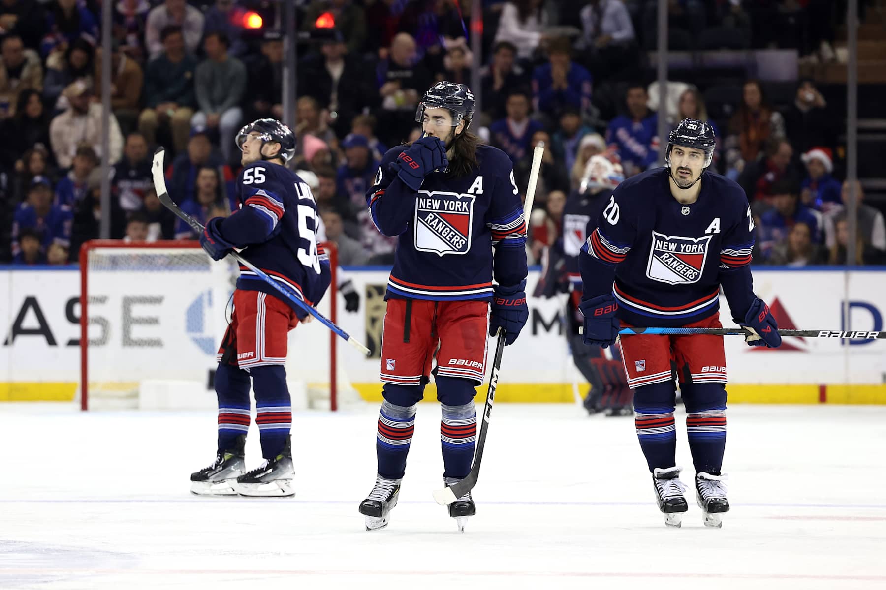 NEW YORK, NEW YORK - DECEMBER 14: Mika Zibanejad #93 and Chris Kreider #20 of the New York Rangers react after the Los Angeles Kings score a goal during the second period at Madison Square Garden on December 14, 2024 in New York City. (Photo by Luke Hales/Getty Images)
