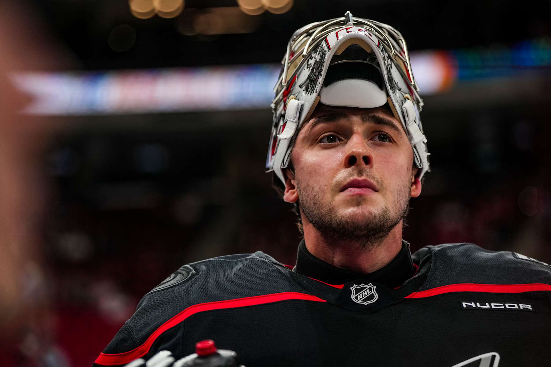 RALEIGH, NORTH CAROLINA - DECEMBER 17:  Pyotr Kochetkov #52 of the Carolina Hurricanes warms up prior to a game against the New York Islanders at Lenovo Center on December 17, 2024 in Raleigh, North Carolina.  (Photo by Josh Lavallee/NHLI via Getty Images)