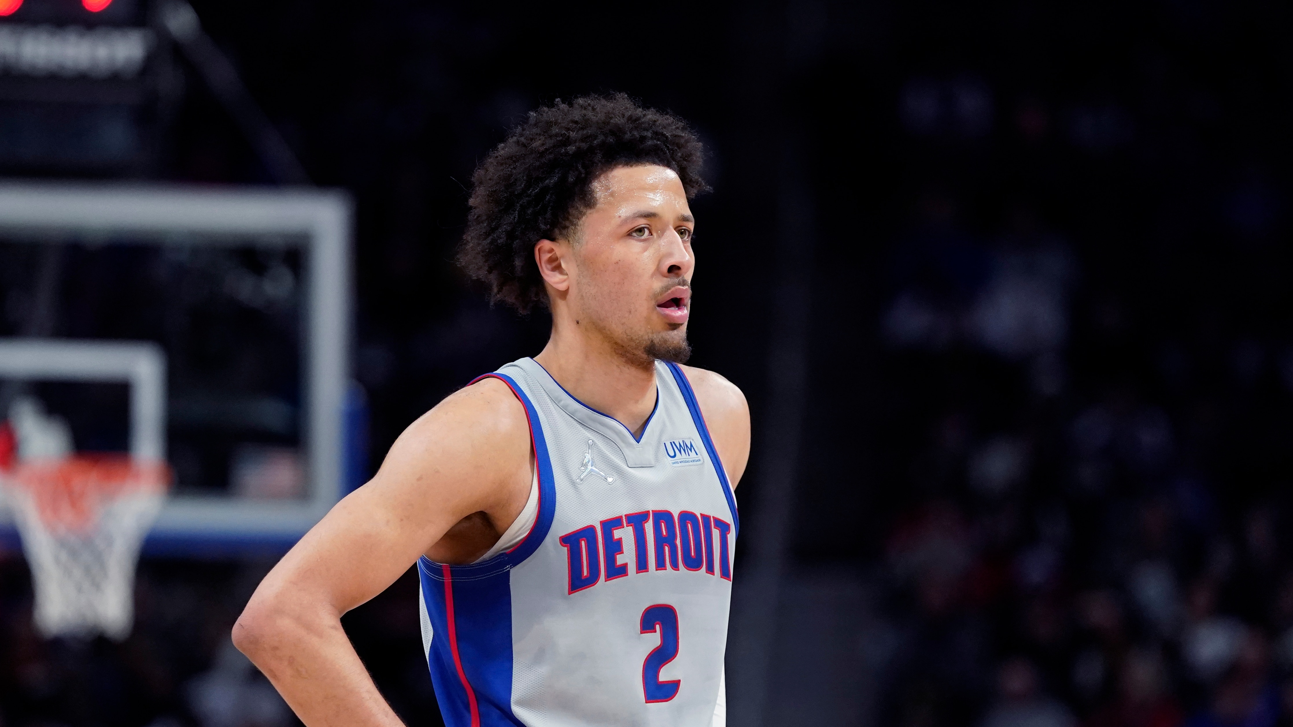 Detroit Pistons guard Cade Cunningham plays during the first half of an NBA basketball game, Thursday, March 31, 2022, in Detroit. (AP Photo/Carlos Osorio)