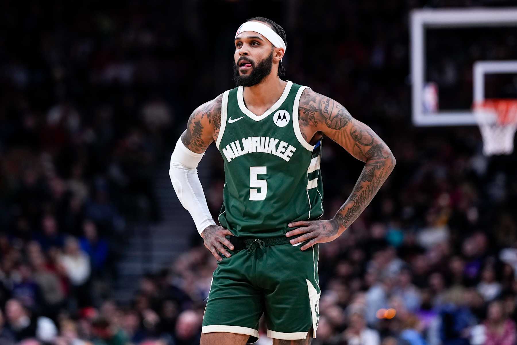 TORONTO, ON - JANUARY 6: Gary Trent Jr. #5 of the Milwaukee Bucks looks on against the Toronto Raptors at the Scotiabank Arena on January 6, 2025 in Toronto, Ontario, Canada. NOTE TO USER: User expressly acknowledges and agrees that, by downloading and/or using this Photograph, user is consenting to the terms and conditions of the Getty Images License Agreement. (Photo by Kevin Sousa/Getty Images)