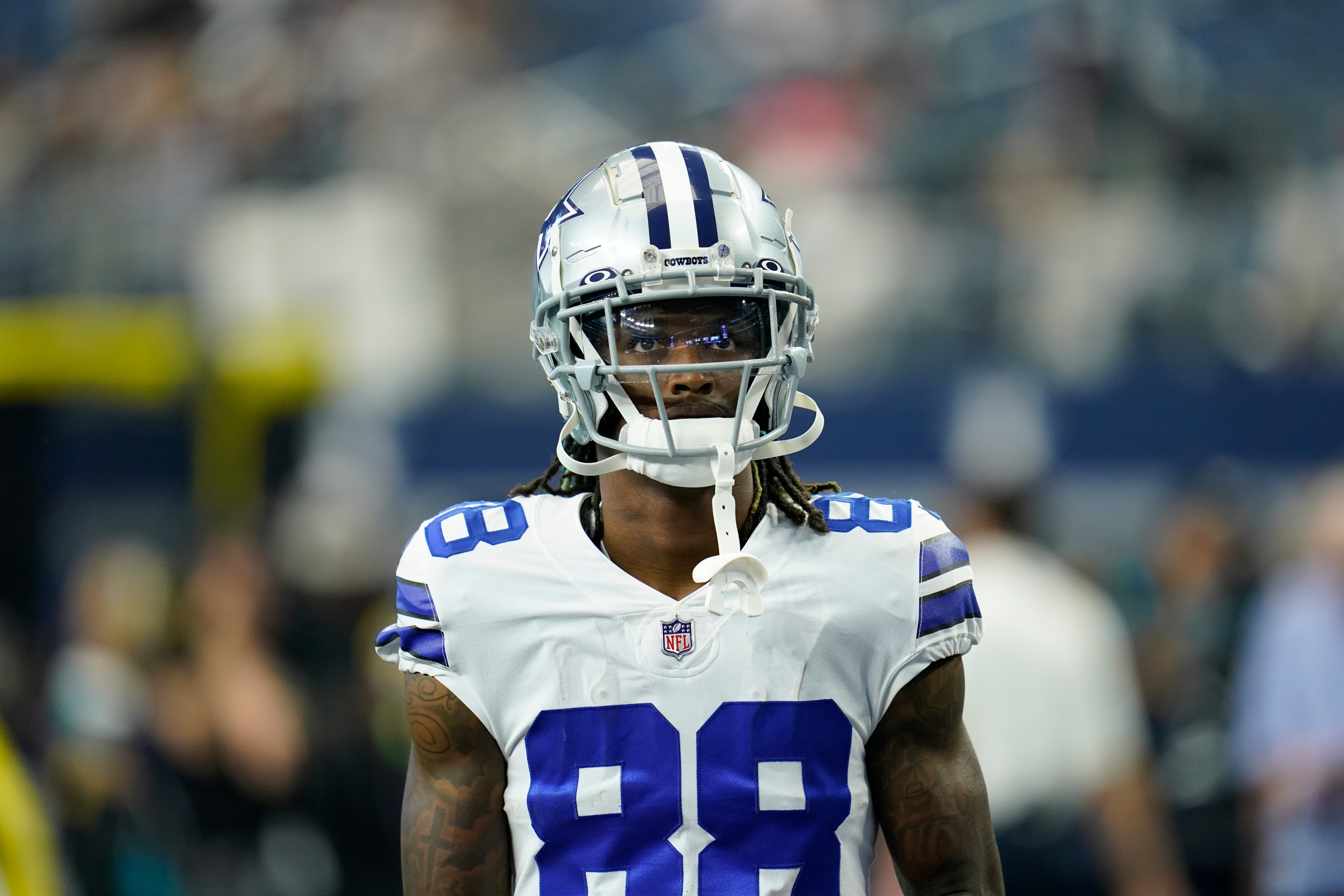 Dallas Cowboys wide receiver CeeDee Lamb (88) during pregame warmups before an NFL football game against the Carolina Panthers, Sunday, Oct. 3, 2021, in Arlington, Texas. (AP Photo/Matt Patterson)