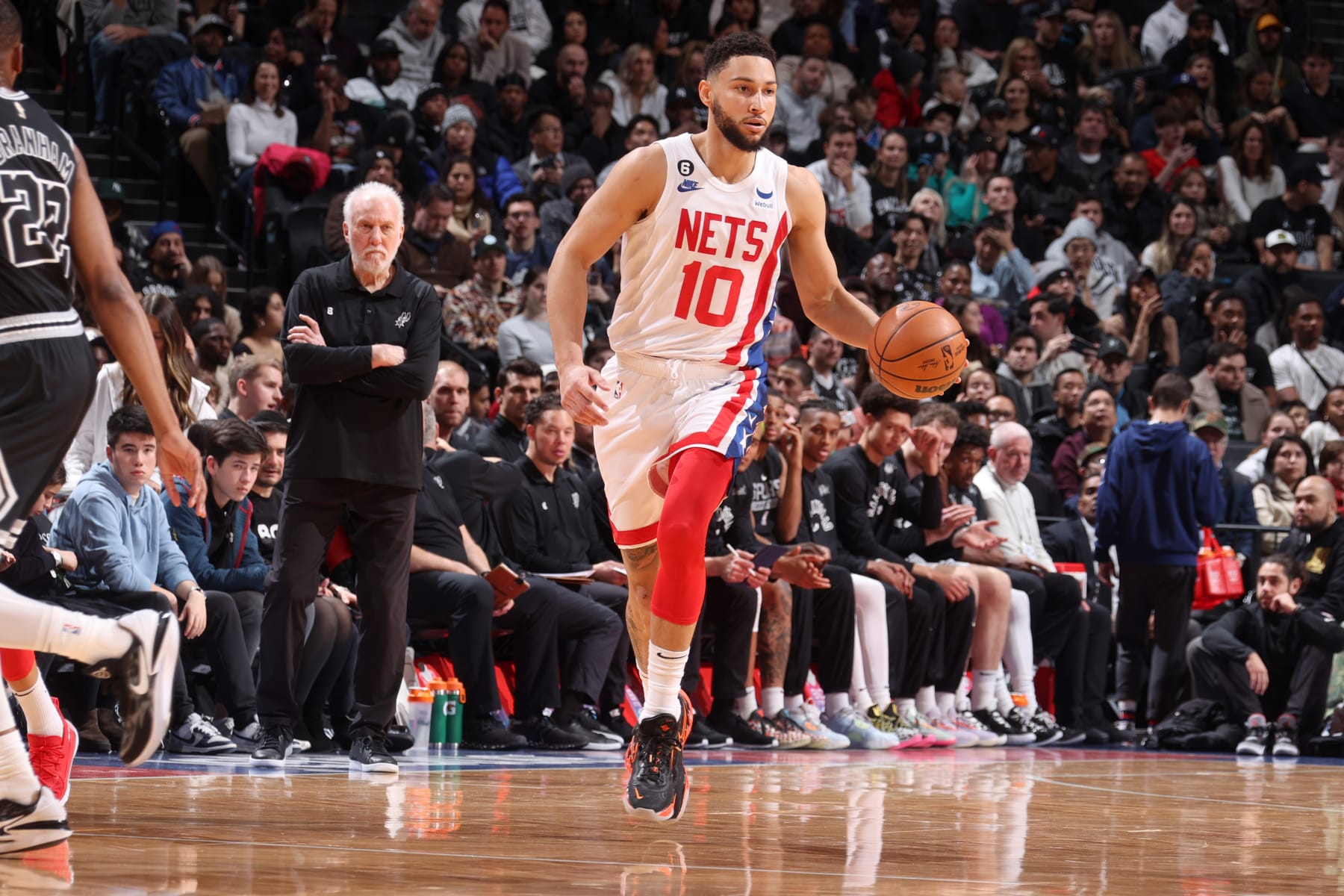 BROOKLYN, NY - JANUARY 2: Ben Simmons #10 of the Brooklyn Nets moves the ball during the game against the San Antonio Spurs on January 2, 2023 at Barclays Center in Brooklyn, New York. NOTE TO USER: User expressly acknowledges and agrees that, by downloading and or using this Photograph, user is consenting to the terms and conditions of the Getty Images License Agreement. Mandatory Copyright Notice: Copyright 2023 NBAE (Photo by Nathaniel S. Butler/NBAE via Getty Images)