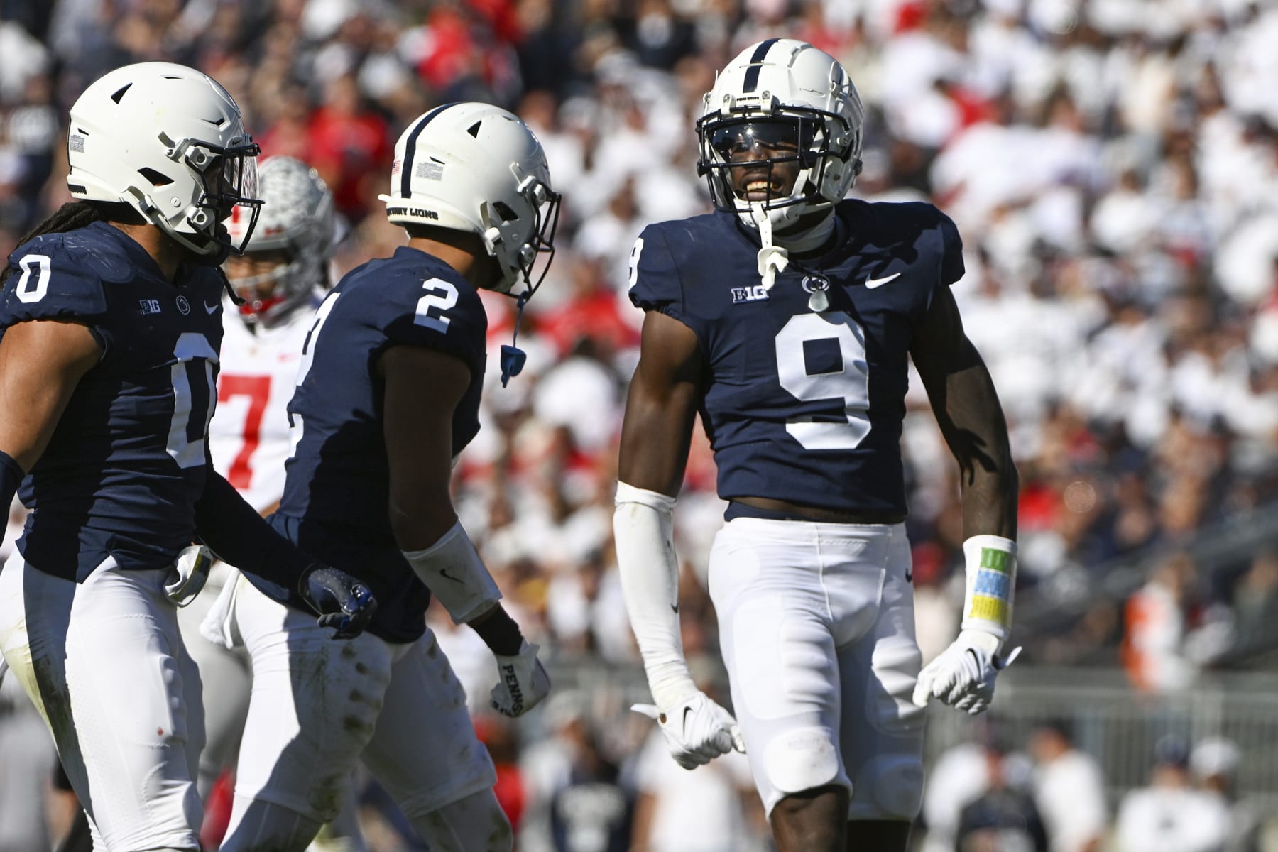 Penn State cornerback Joey Porter Jr. (9) reacts against Ohio State during an NCAA college football game, Saturday, Oct. 29, 2022, in State College, Pa. (AP Photo/Barry Reeger)