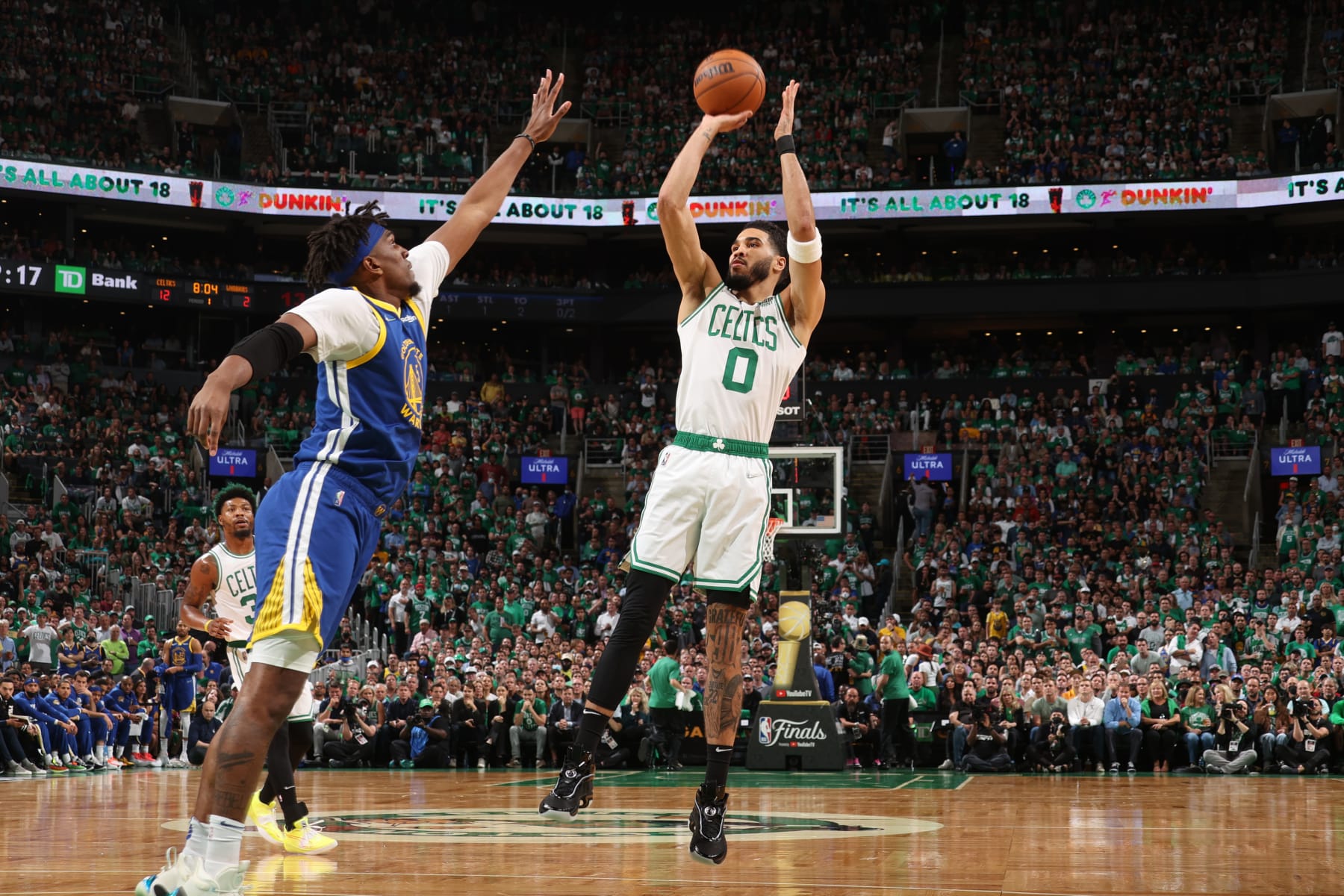 BOSTON, MA - JUNE 16: Jayson Tatum #0 of the Boston Celtics shoots the ball against the Golden State Warriors during Game Six of the 2022 NBA Finals on June 16, 2022 at TD Garden in Boston, Massachusetts. NOTE TO USER: User expressly acknowledges and agrees that, by downloading and or using this photograph, user is consenting to the terms and conditions of Getty Images License Agreement. Mandatory Copyright Notice: Copyright 2022 NBAE (Photo by Nathaniel S. Butler/NBAE via Getty Images)