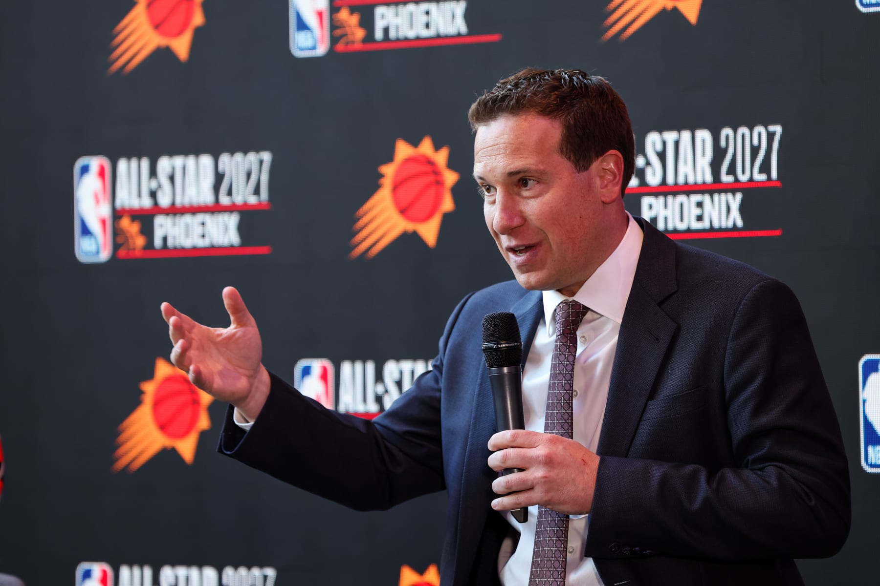 PHOENIX, AZ - MARCH 7: Mat Ishbia speaks during a press conference announcing Phoenix as the host of the NBA All-Star 2027 on March 7, 2024 at Footprint Center in Phoenix, Arizona. NOTE TO USER: User expressly acknowledges and agrees that, by downloading and or using this photograph, user is consenting to the terms and conditions of the Getty Images License Agreement. Mandatory Copyright Notice: Copyright 2024 NBAE (Photo by Jeff Haynes/NBAE via Getty Images)