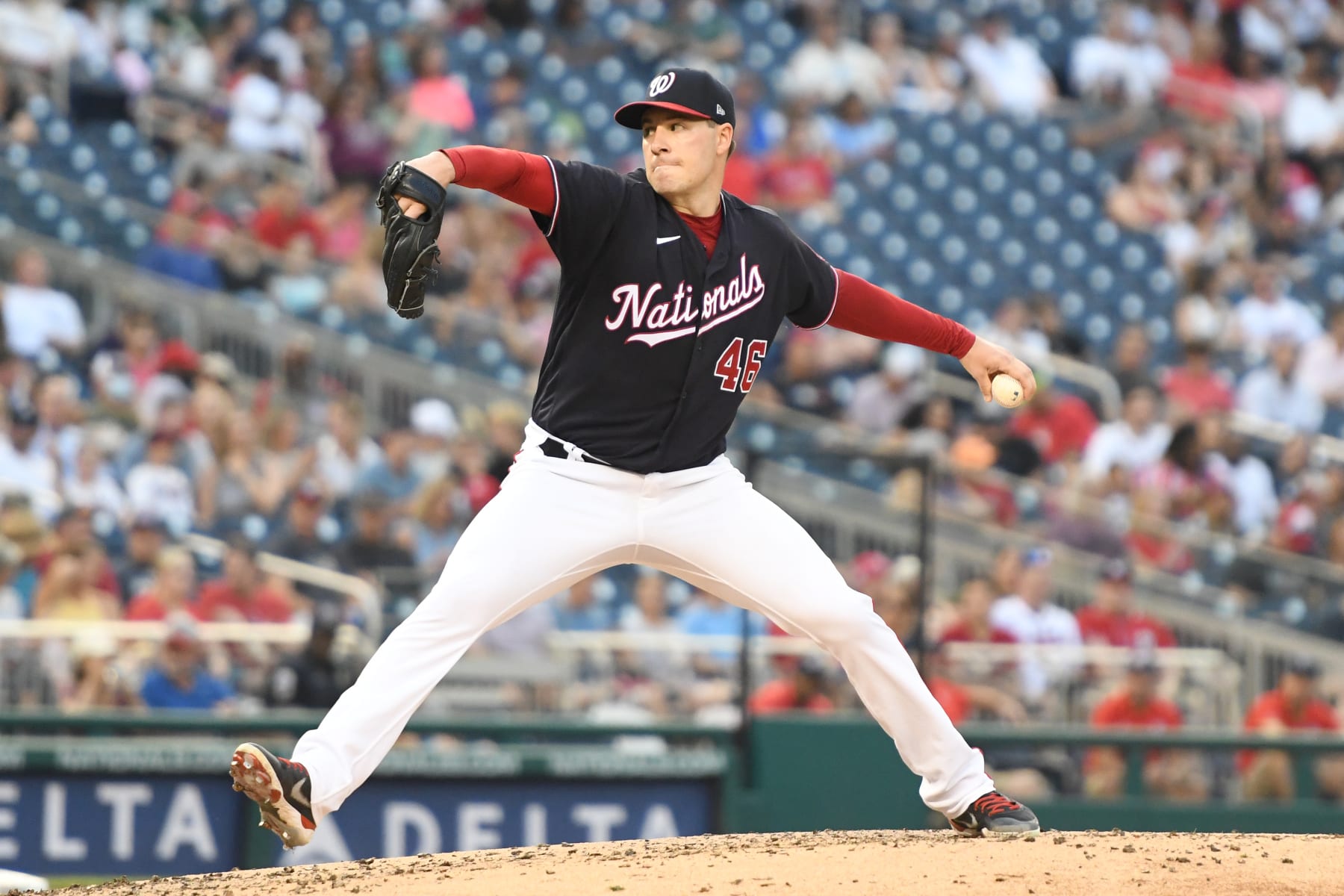 WASHINGTON, DC - JULY 15:  Patrick Corbin #46 of the Washington Nationals pitches during a baseball game against the Atlanta Braves at Nationals Park on July 15, 2022 in Washington, DC.  (Photo by Mitchell Layton/Getty Images)