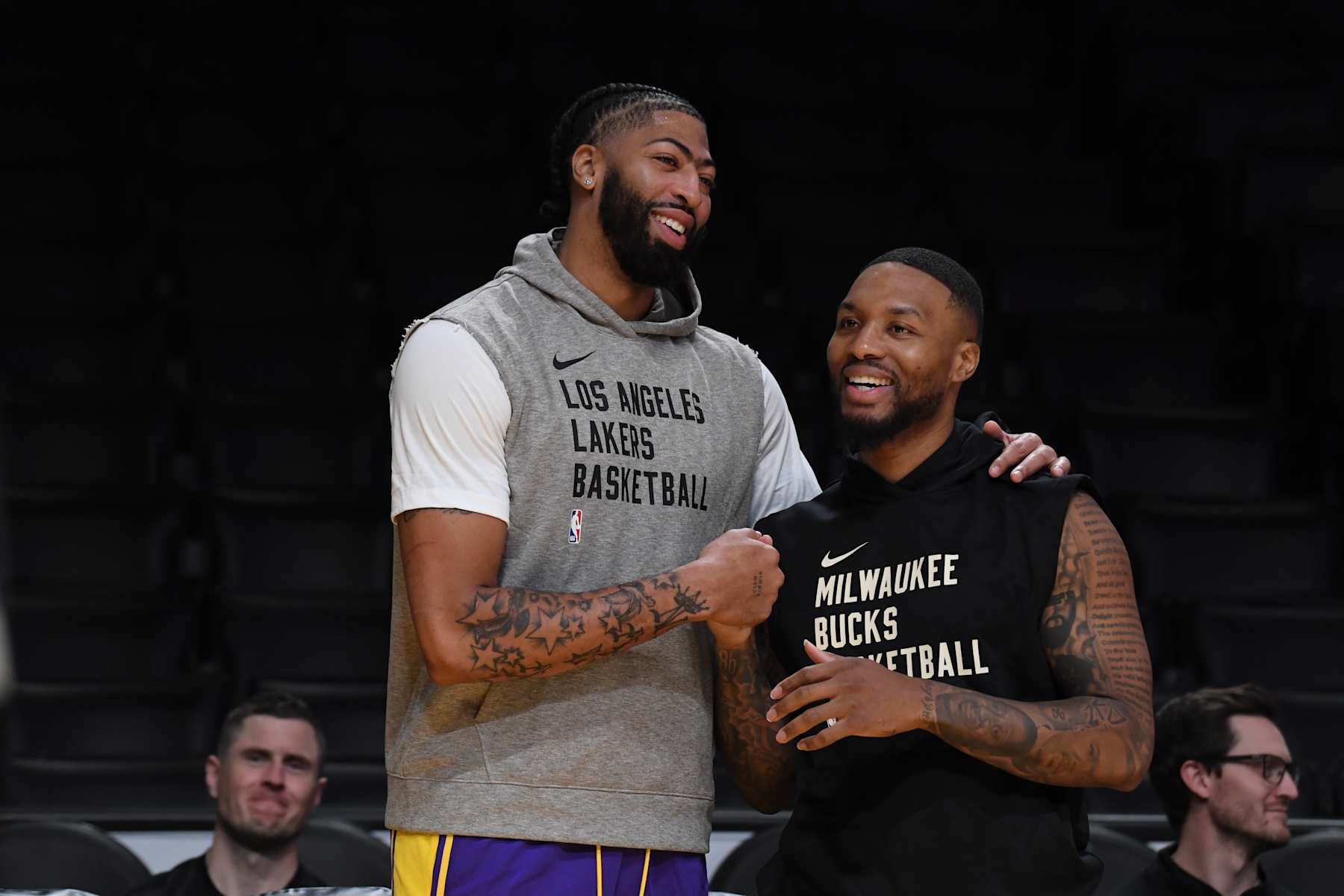LOS ANGELES, CA - OCTOBER 15: Anthony Davis #3 of the Los Angeles Lakers talks with Damian Lillard #0 of the Milwaukee Bucks before the preseason game on October 15, 2023 at Crypto.Com Arena in Los Angeles, California. NOTE TO USER: User expressly acknowledges and agrees that, by downloading and/or using this Photograph, user is consenting to the terms and conditions of the Getty Images License Agreement. Mandatory Copyright Notice: Copyright 2023 NBAE (Photo by Juan Ocampo/NBAE via Getty Images)