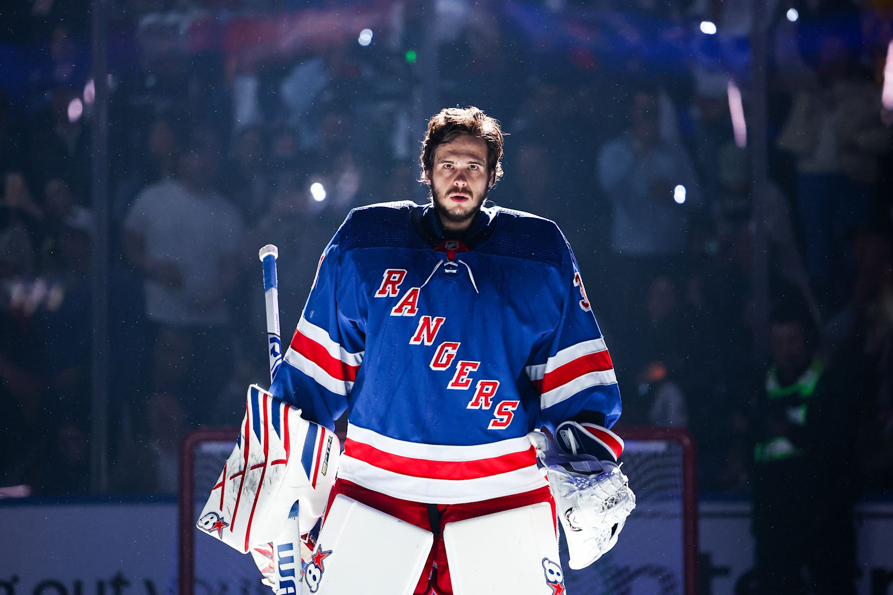 NEW YORK, NEW YORK - MAY 22: Igor Shesterkin #31 of the New York Rangers during the anthem prior to the game against the Florida Panthers in Game One of the Eastern Conference Final of the 2024 Stanley Cup Playoffs at Madison Square Garden on May 22, 2024 in New York City. (Photo by Jared Silber/NHLI via Getty Images)