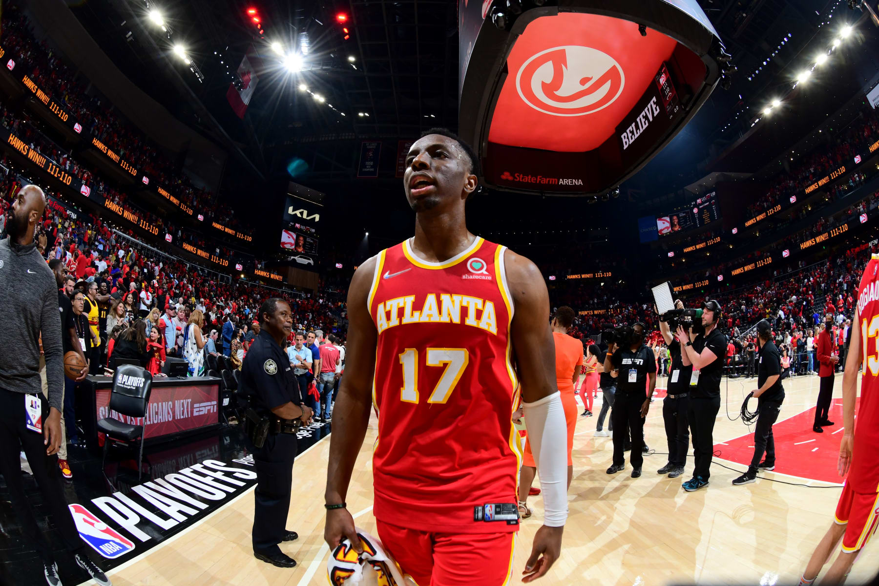 ATLANTA, GA - APRIL 22: Onyeka Okongwu #17 of the Atlanta Hawks walks off of the court after the game against the Miami Heat during Round 1 Game 3 of the NBA Playoffs on April 22, 2022 at State Farm Arena in Atlanta, Georgia.  NOTE TO USER: User expressly acknowledges and agrees that, by downloading and/or using this Photograph, user is consenting to the terms and conditions of the Getty Images License Agreement. Mandatory Copyright Notice: Copyright 2022 NBAE (Photo by Scott Cunningham/NBAE via Getty Images)