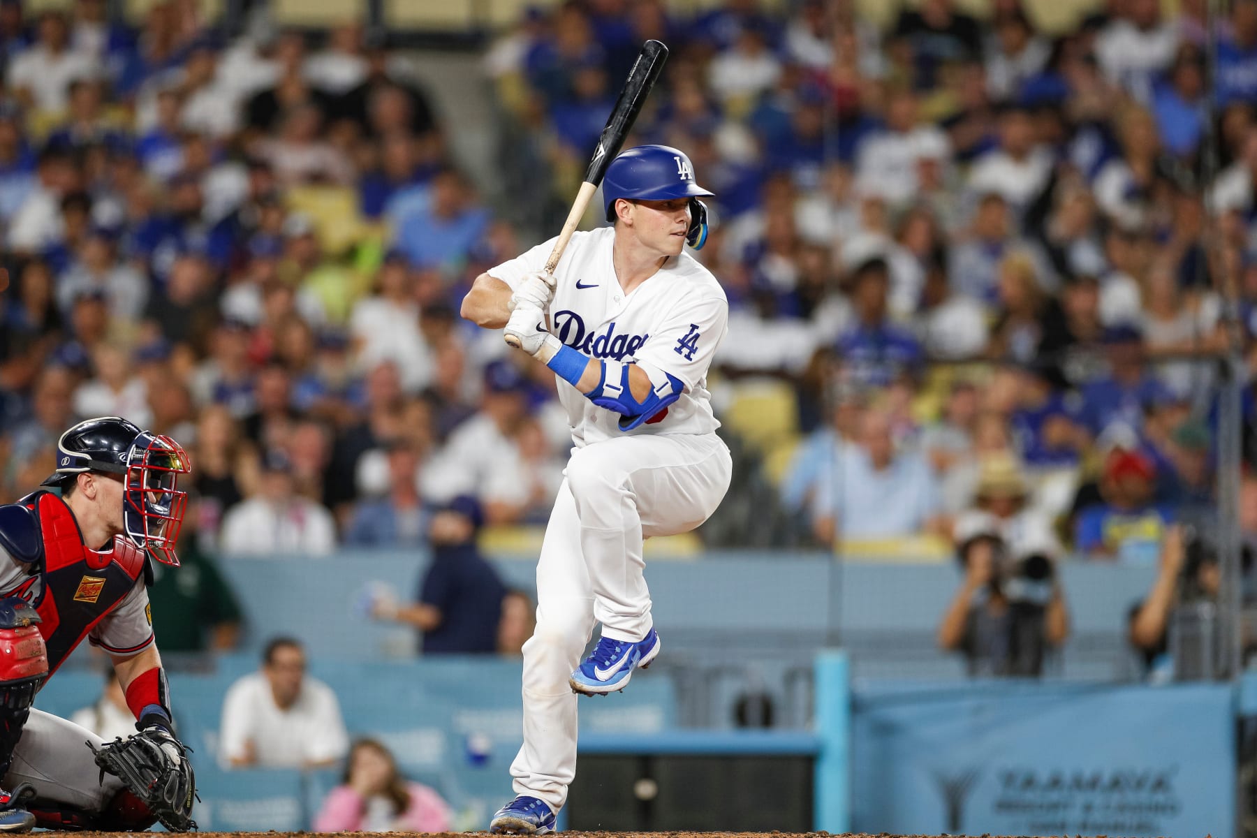 LOS ANGELES, CALIFORNIA - AUGUST 31: Will Smith #16 of the Los Angeles Dodgers at bat during the fourth inning against the Atlanta Braves at Dodger Stadium on August 31, 2023 in Los Angeles, California. (Photo by Brandon Sloter/Image Of Sport/Getty Images)