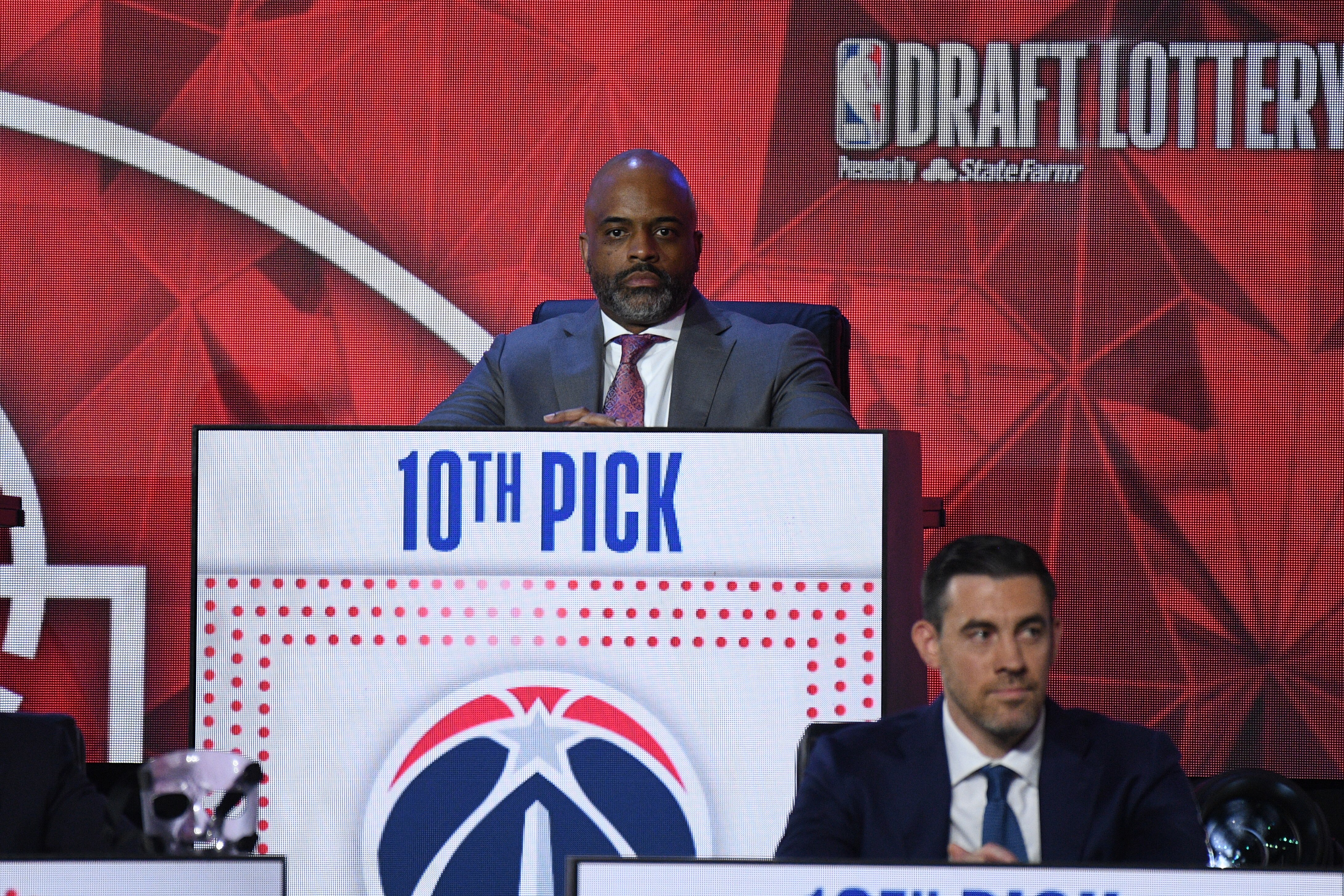 CHICAGO,IL - MAY 17: Head Coach Wes Unseld Jr. of the Washington Wizards looks on as the Washington Wizards are picked 10th overall for the NBA Draft during the 2022 NBA Draft Lottery at McCormick Place on May 17, 2022 in Chicago, Illinois. NOTE TO USER: User expressly acknowledges and agrees that, by downloading and or using this photograph, User is consenting to the terms and conditions of the Getty Images License Agreement. Mandatory Copyright Notice: Copyright 2022 NBAE (Photo by Chris Schwegler/NBAE via Getty Images)