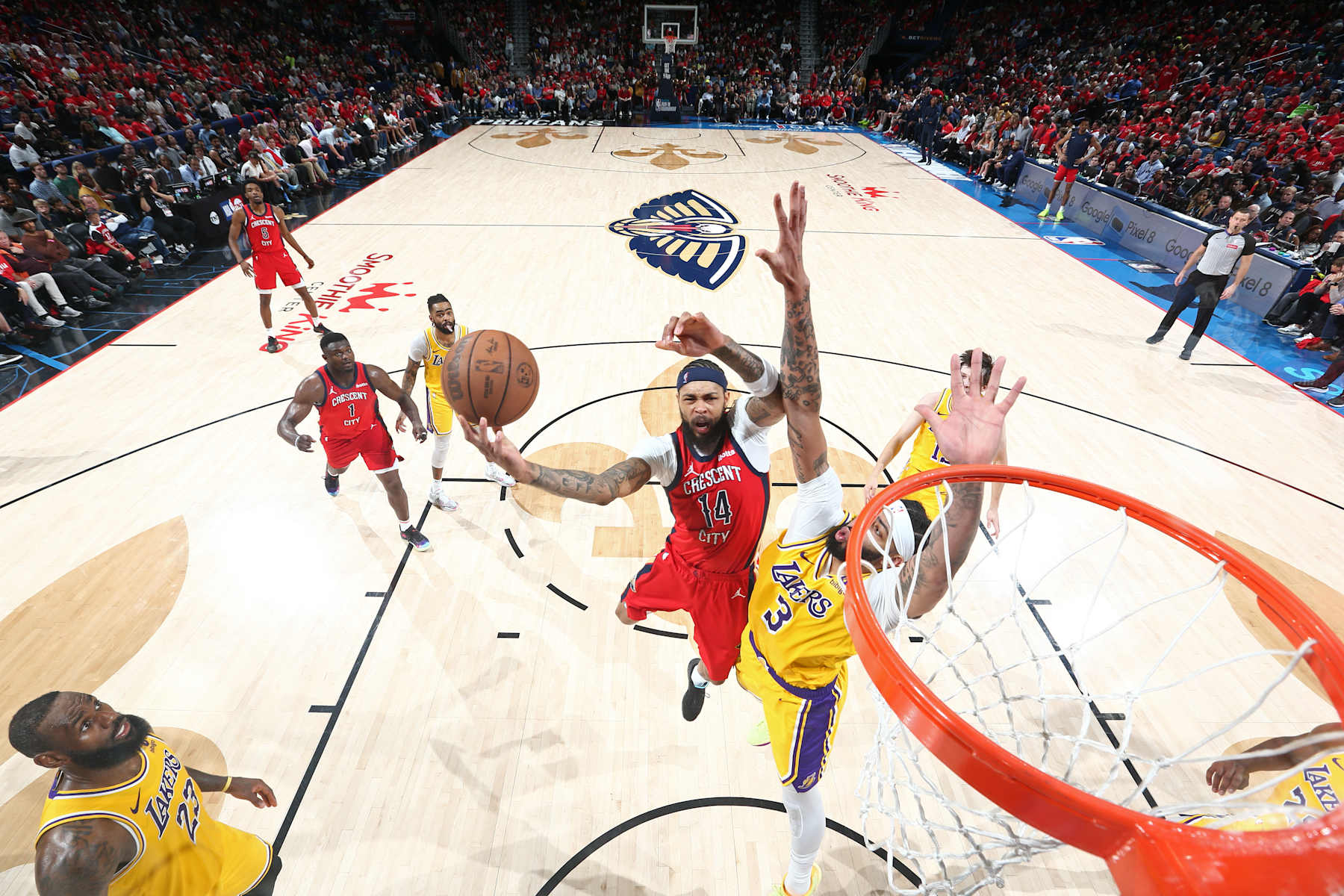 NEW ORLEANS, LA - APRIL 16: Brandon Ingram #14 of the New Orleans Pelicans drives to the basket during the game against the Los Angeles Lakers during the 2024 SoFi Play-In Tournament on April 16, 2024 at the Smoothie King Center in New Orleans, Louisiana. NOTE TO USER: User expressly acknowledges and agrees that, by downloading and or using this Photograph, user is consenting to the terms and conditions of the Getty Images License Agreement. Mandatory Copyright Notice: Copyright 2024 NBAE (Photo by Layne Murdoch Jr./NBAE via Getty Images)